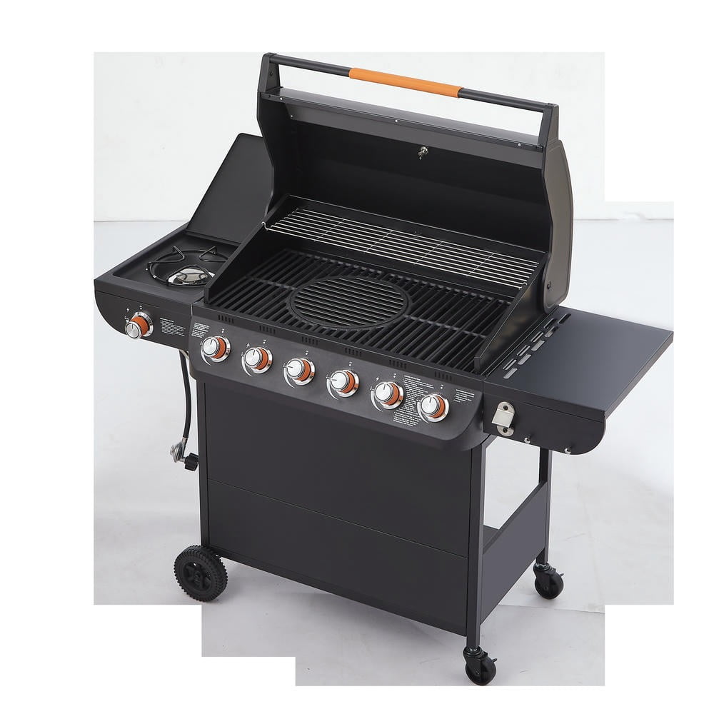 Kadyn 6-Burner Gas Barbecue Grill, 72000 BTU High-Heat Grill with Side Tables, Cast Iron Grates & Side Burner, Outdoor Kitchen, Black Kadyn