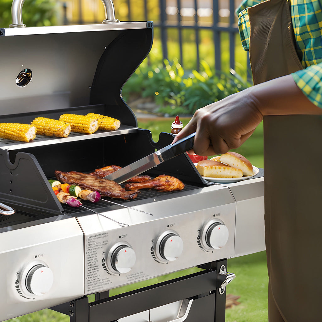 Outdoor Grill, Propane Grill 3 Burner Barbecue Grill Stainless Steel Gas Grill with Side Burner and Cover for Outdoor BBQ, Camping, Silver BBQ Grill,Stainless Steel Tabletop Grill Gas Grills