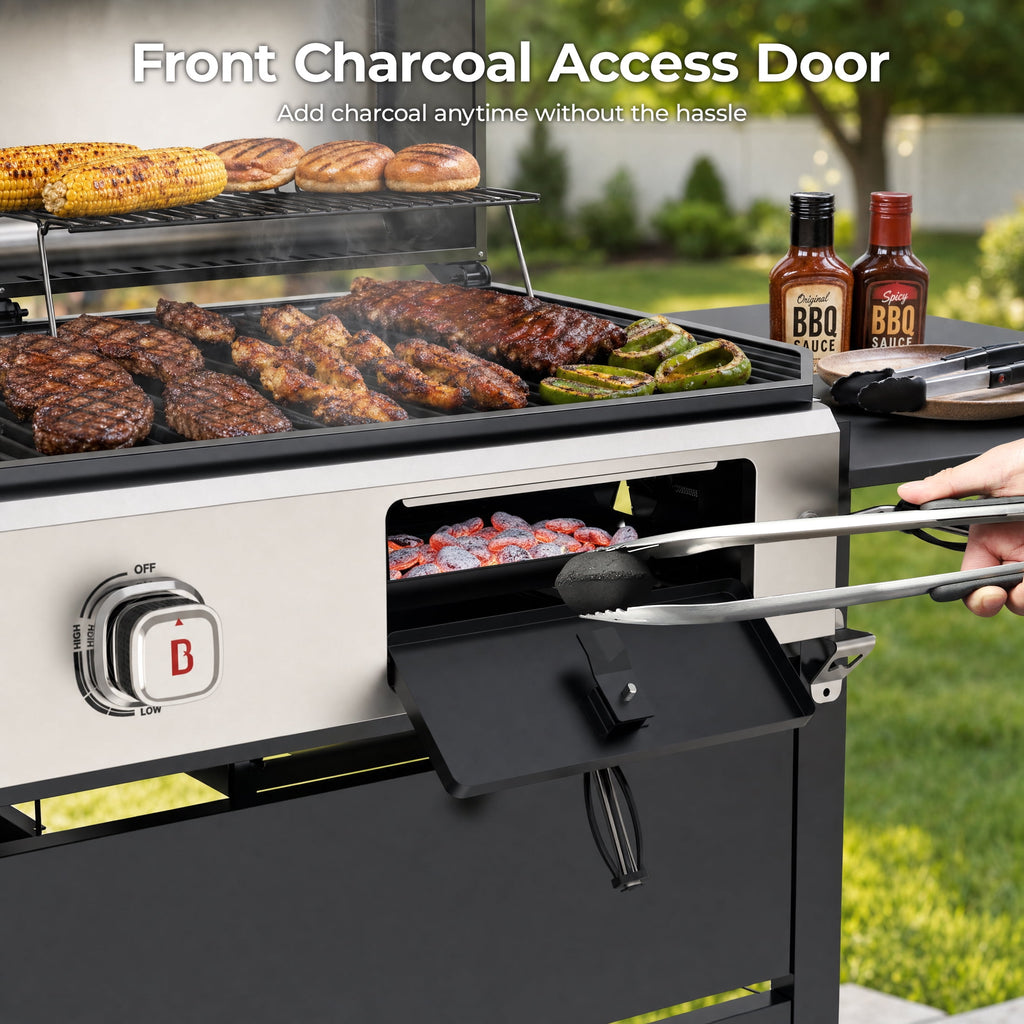 Propane Gas and Charcoal Grill Combo, Dual Fuel Outdoor BBQ Grill Stainless Steel Lids for Patio Garden Picnic Backyard Barbecue Cooking, Silver Gas Grills