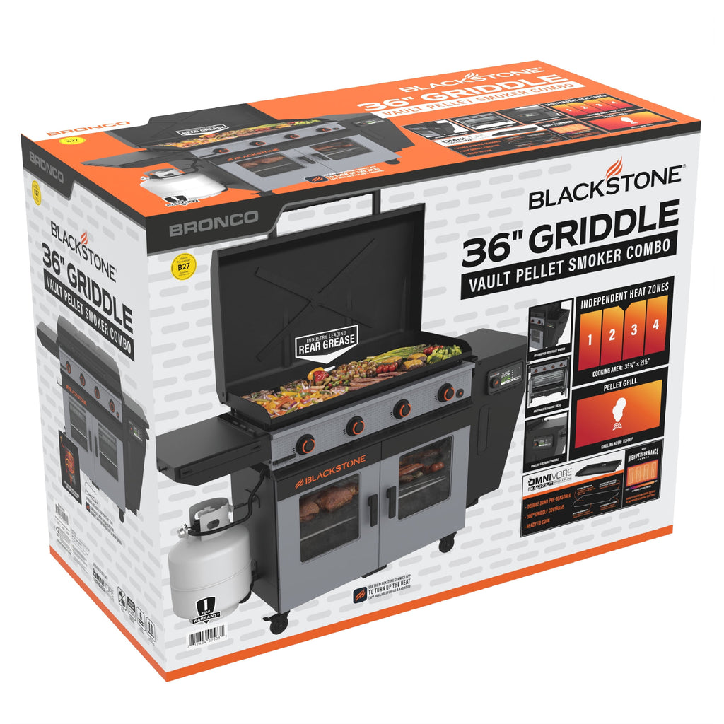 Blackstone Bronco Outdoor Combo Griddle, 36 Inch 4-Burner Flat Top Grill with Vertical Pellet Smoker Blackstone
