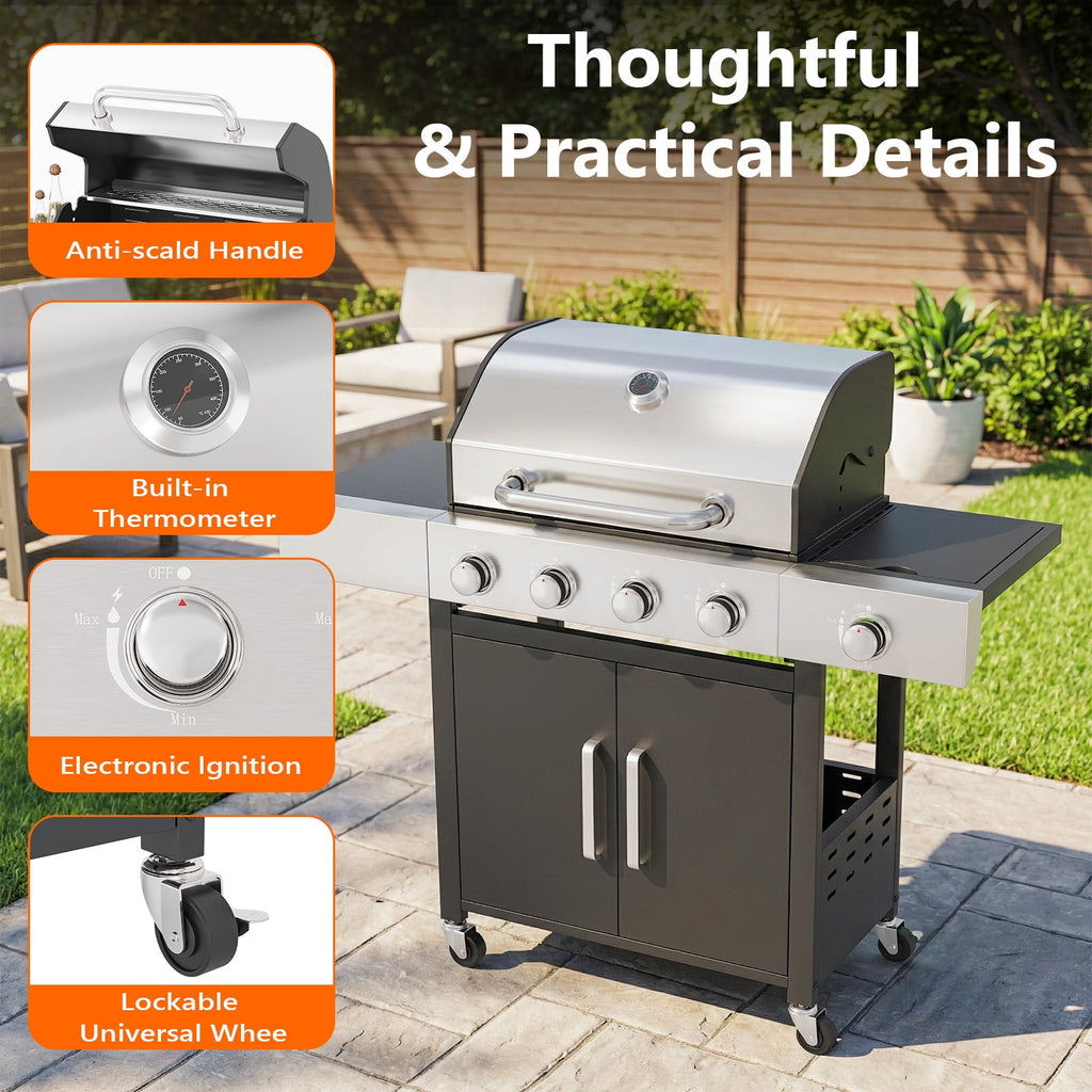 Gymojoy Outdoor 4 Burner Propane Gas Grill with Side Burner Stainless Steel BBQ Grill Gas Grills