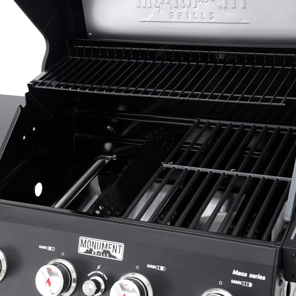 Monument Grills 4-Burner Liquid Propane Gas Grill, 38,000 BTU Stainless Steel Outdoor Barbecue Grill, Clearview Lid, Foldable Side Shelf, Easy Cleanup, M420MF Gas Grills