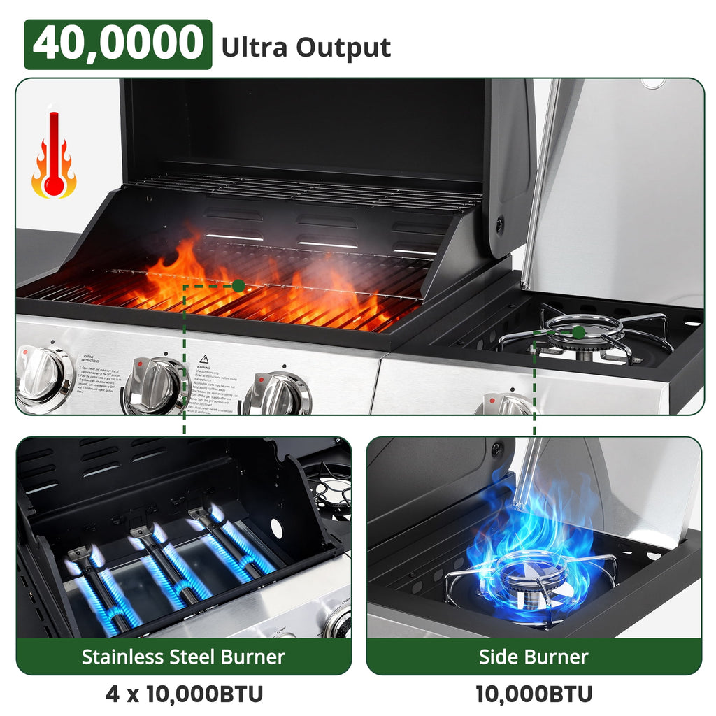 BBQ Grill, Seizeen Gas Grill with Side Burner, 40,000BTU 3-Burner Propane Grill w/Storage Cabinet, Steel Brush, Stainless Steel Camping for Backyard Patio, Portable Design on Wheels Gas Grills