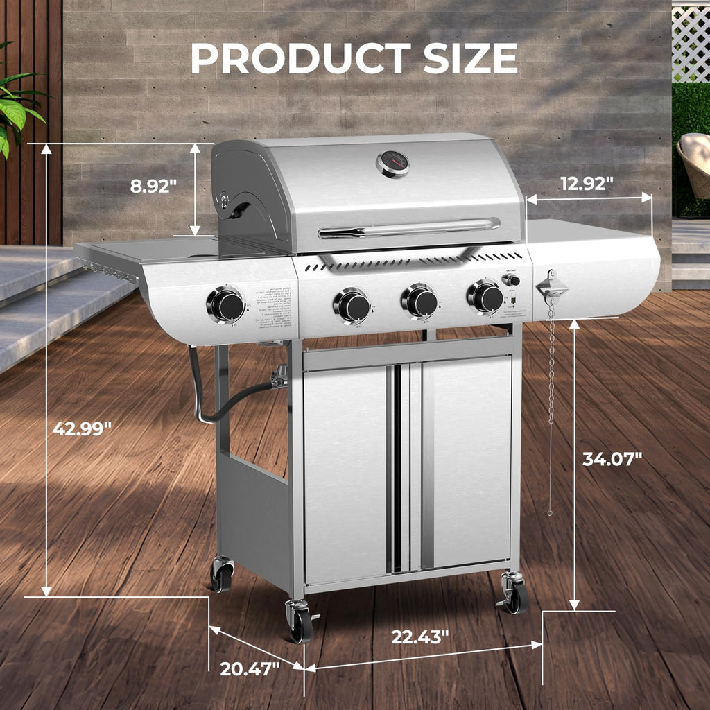 LHRIVER Stainless Steel BBQ Grill, 3 Burner Propane Gas Grill with Side Burner  for Outdoor Cooking Patio Backyard Gas Grills