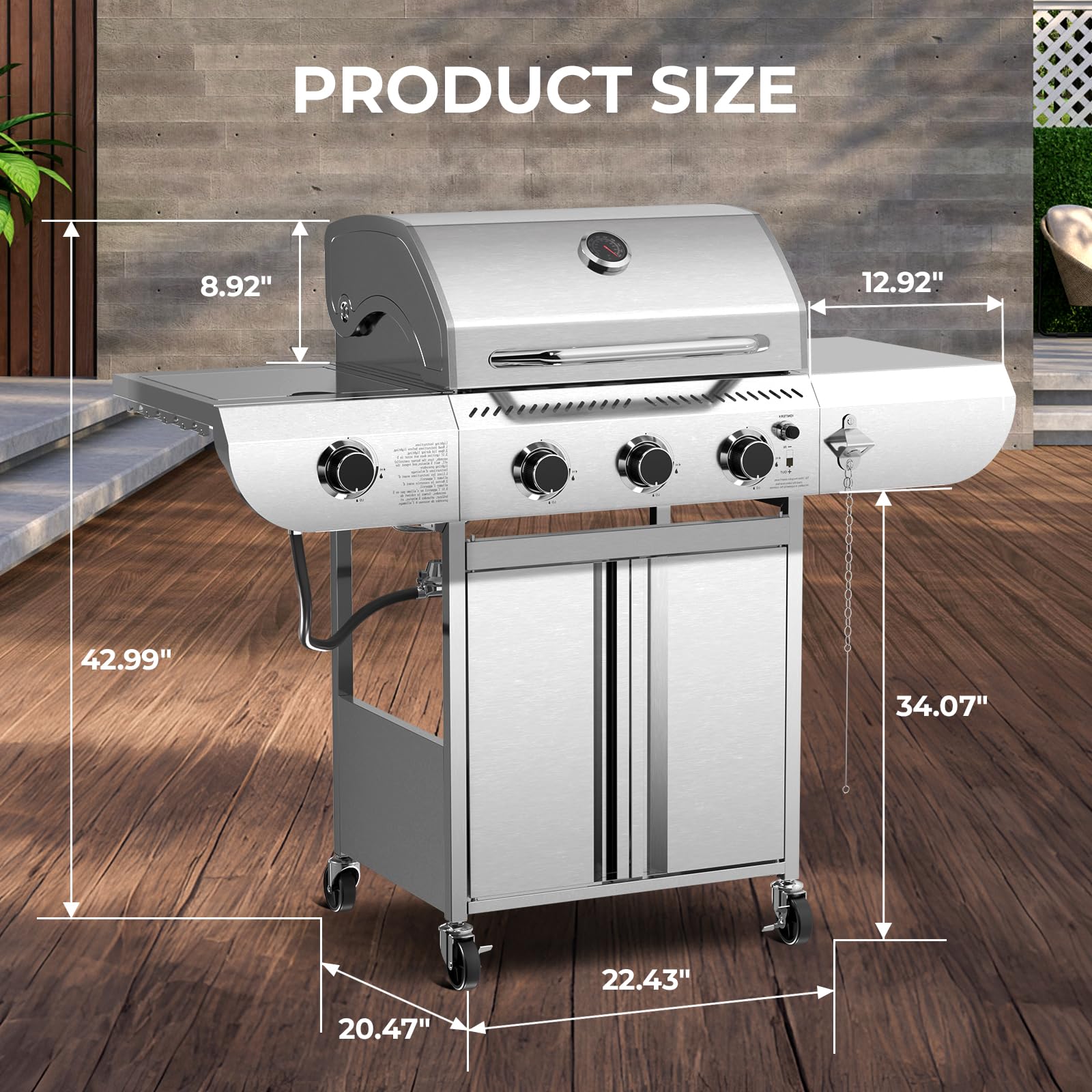 LHRIVER Stainless Steel BBQ Grill, 3 Burner Propane Gas Grill with Side Burner  for Outdoor Cooking Patio Backyard Gas Grills