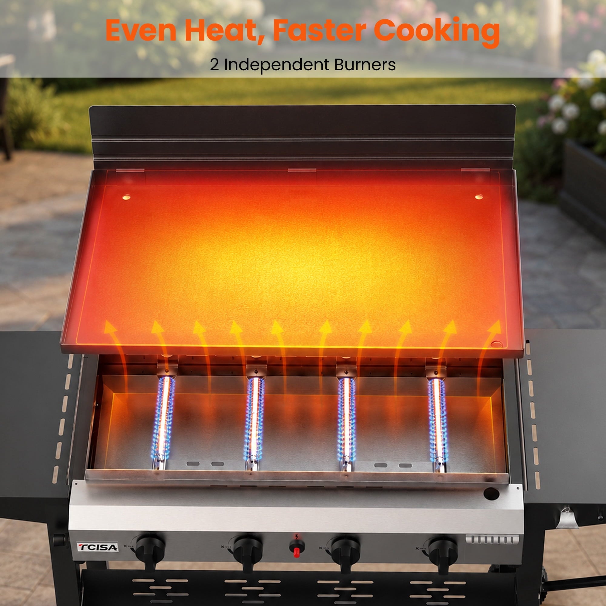 Tcisa 4 Burner Propane Gas Griddle with Standing Cart, Flat Top Grill with Hood for Camping, Tailgating, Backyard Gas Grills