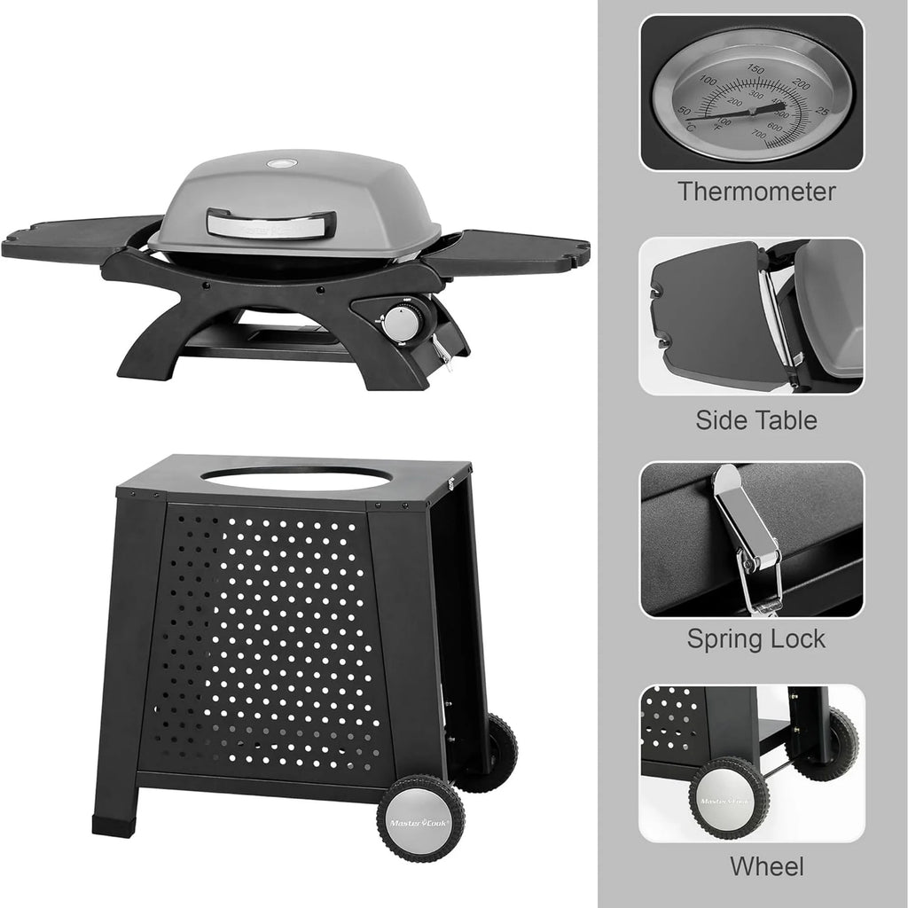 MASTER COOK Propane Gas Grill, Portable Tabletop Barbecue Grill with Cart for Patio, Camping, Travel Master Cook