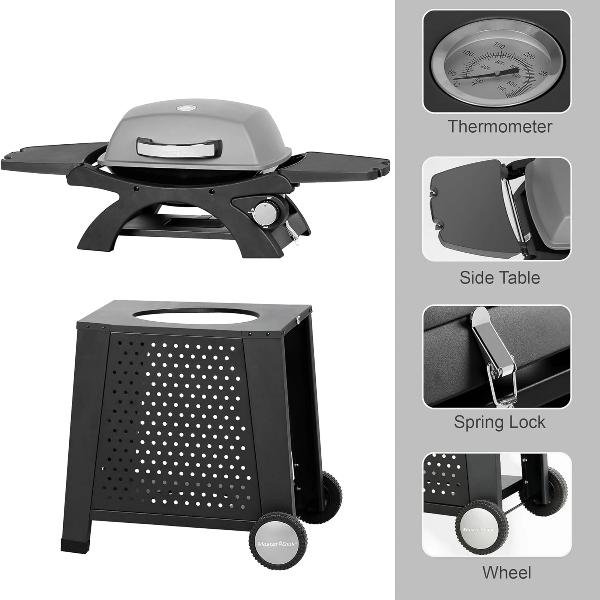 MASTER COOK Propane Gas Grill, Portable Tabletop Barbecue Grill with Cart for Patio, Camping, Travel Master Cook