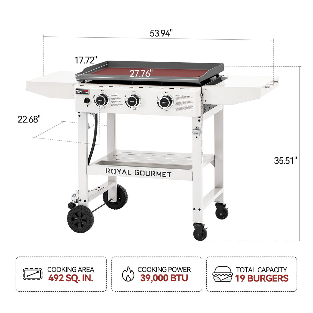 Royal Gourmet GB3000W 28-Inch 3-Burner Propane Gas Griddle in White, Griddle with Collapsible Side Shelves Royal Gourmet