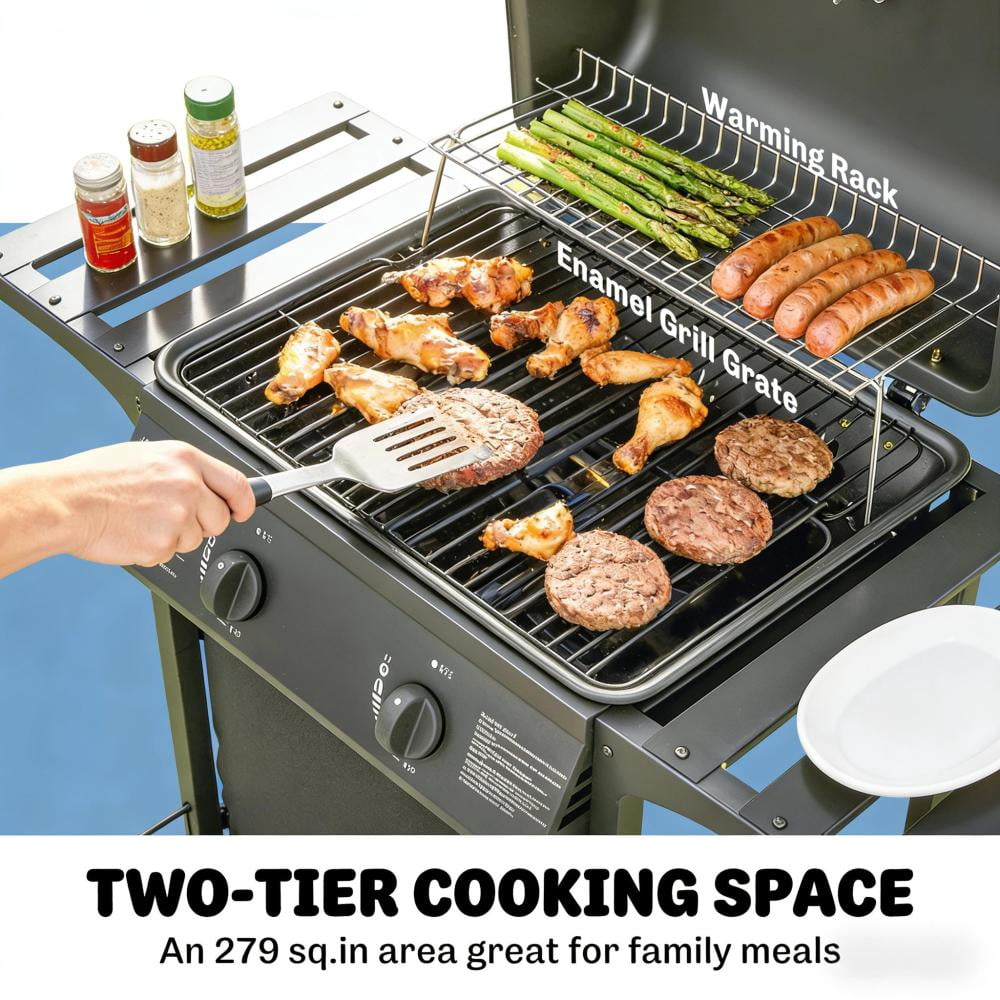 2 Burner 18000 BTU Propane Gas Grill Freestanding Outdoor BBQ Grill Dual?Zone Flat Top Grill with Warming Rack Side Tables for Backyard Patio Garden Family Outdoor Cooking Cozynest
