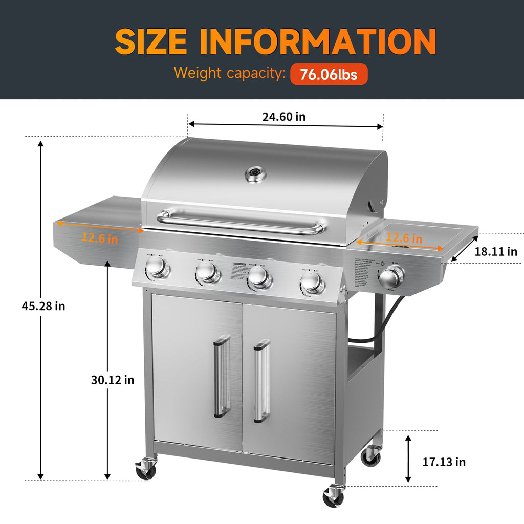 SKOK 4 Burner Gas Grill with Side Burner, 58000 BTU &393 sq.in Cooking Surface, Outdoor Propane Barbecue Grill for Patio & Backyard Gas Grills