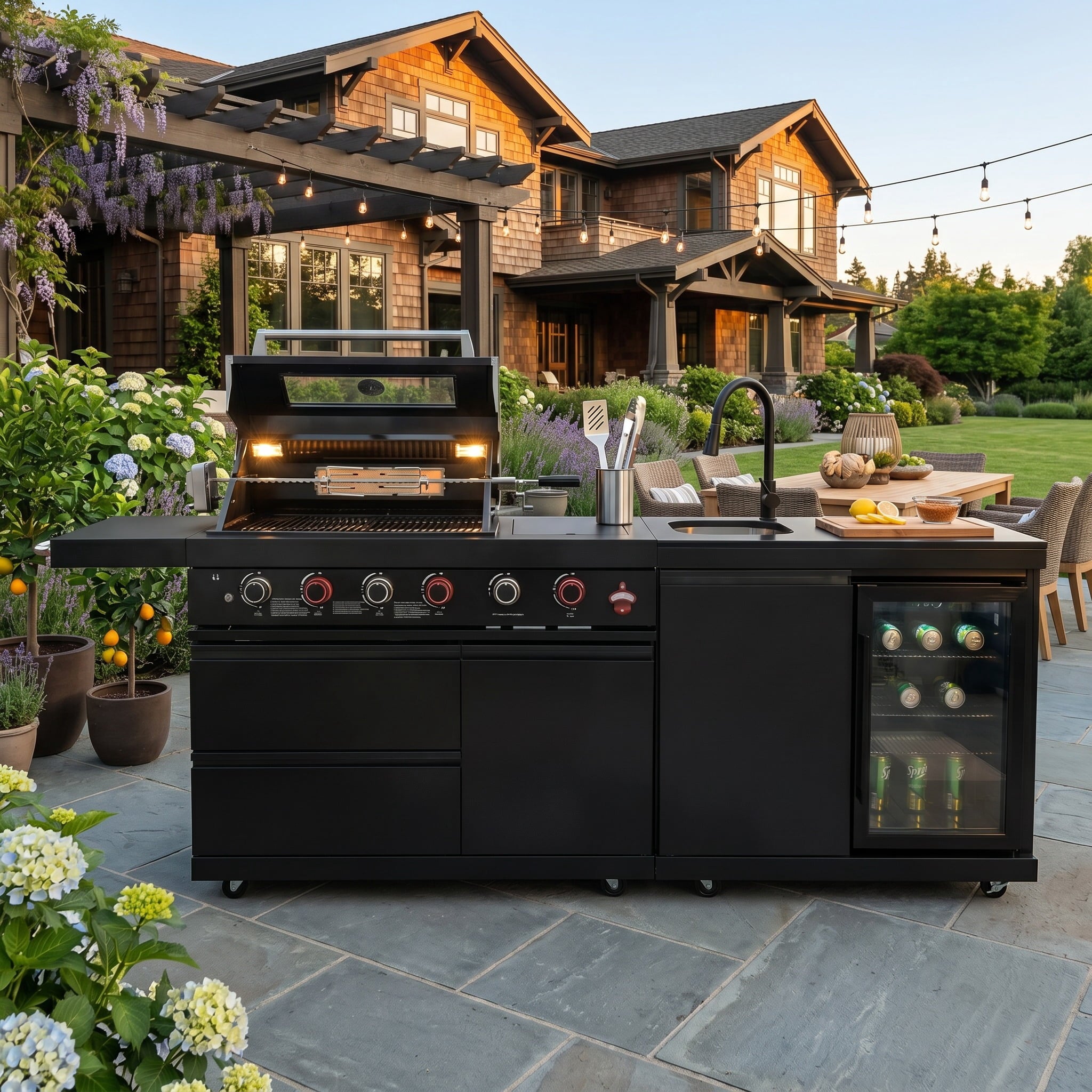 84 Deluxe Outdoor Kitchen Island with 6-Burner Gas Grill (75300 BTU), Premium SS304 Stainless Steel BBQ Station, Black Galaxy Granite Countertop, Dual-Zone Refrigerator, Sink, Rotisserie Kit & Cover HomeMindful