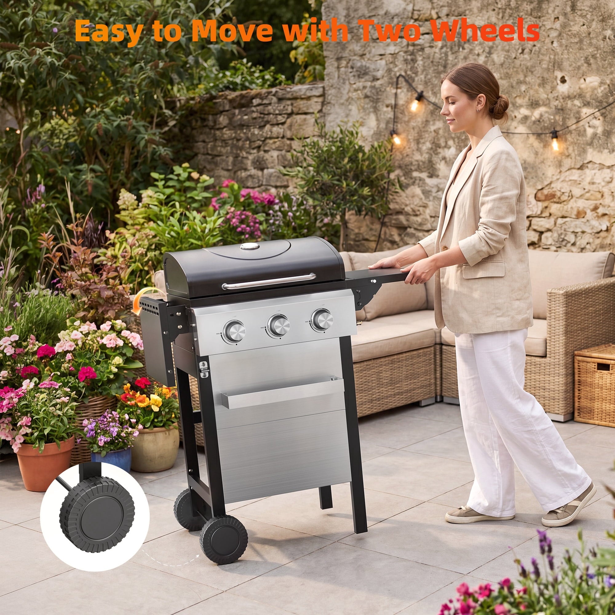 Biotree 3 Burner BBQ Propane Gas Grill, Stainless Steel 28,650 BTU Patio Garden Barbecue Grill with Two Foldable Shelves Gas Grills