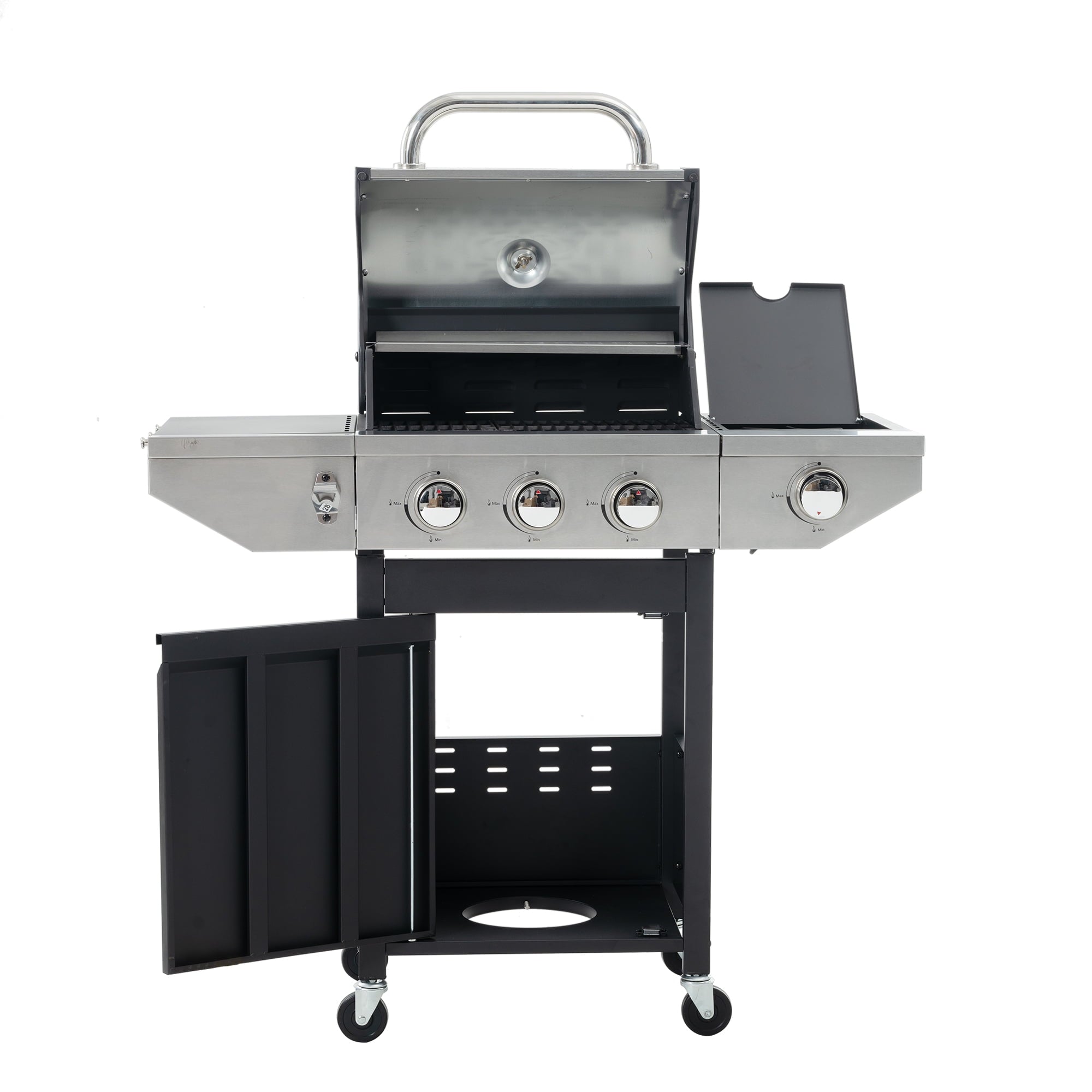 Propane Grill 3 Burner Stainless Steel BBQ Gas Grill with Side Burner, Thermometer, and Even Heating Cast Iron Grates for Outdoor BBQ and Camping wildskeeper