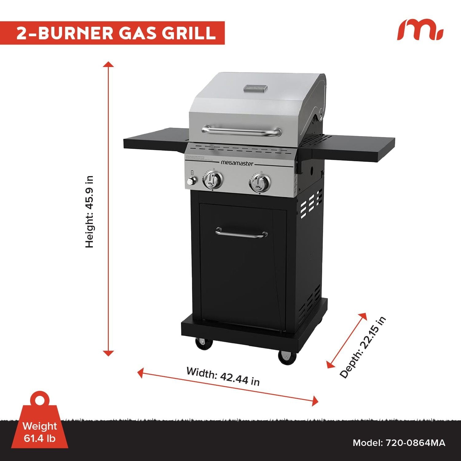 Megamaster Deluxe 2-Burner Gas Grill with Foldable Side Tables, 418 SQ In Cooking Space, 28000 BTUs, Stainless Steel Lid, Propane BBQ Grill for Outdoor Cooking, Patios, Backyards and More -720-0864MA Megamaster