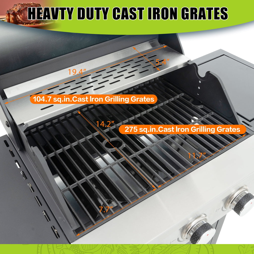 Propane Grill 3 Burner Stainless Steel BBQ Gas Grill with Side Burner, Thermometer, and Even Heating Cast Iron Grates for Outdoor BBQ and Camping wildskeeper