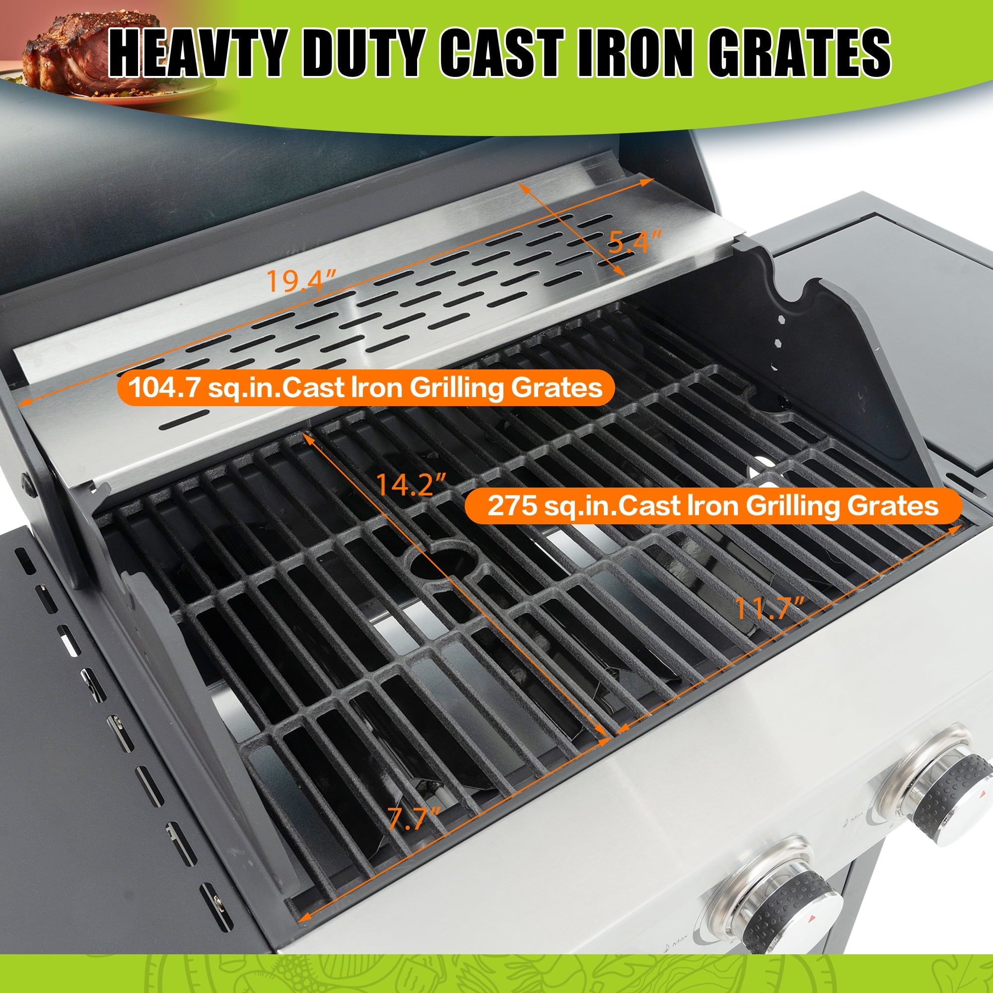 Propane Grill 3 Burner Stainless Steel BBQ Gas Grill with Side Burner, Thermometer, and Even Heating Cast Iron Grates for Outdoor BBQ and Camping wildskeeper