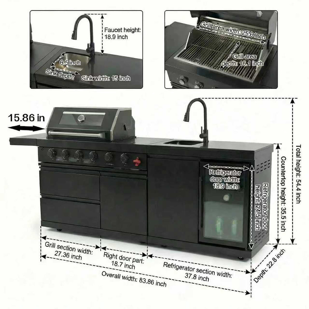 84 Deluxe Outdoor Kitchen Island with 6-Burner Gas Grill (75300 BTU), Premium SS304 Stainless Steel BBQ Station, Black Galaxy Granite Countertop, Dual-Zone Refrigerator, Sink, Rotisserie Kit & Cover HomeMindful