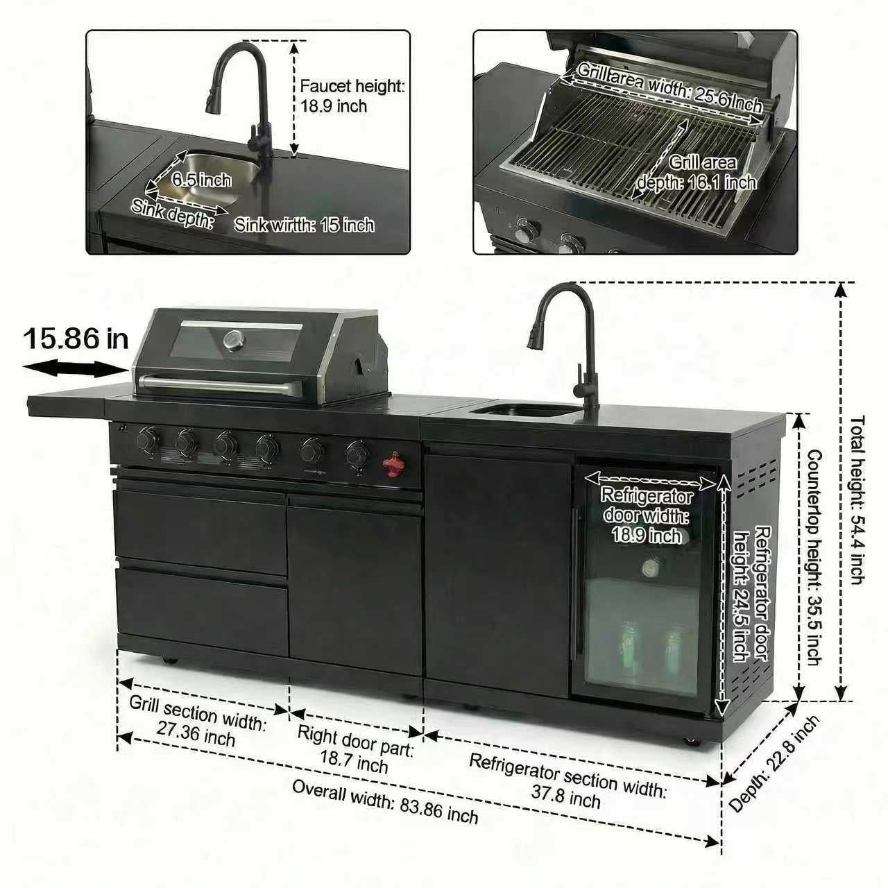 84 Deluxe Outdoor Kitchen Island with 6-Burner Gas Grill (75300 BTU), Premium SS304 Stainless Steel BBQ Station, Black Galaxy Granite Countertop, Dual-Zone Refrigerator, Sink, Rotisserie Kit & Cover HomeMindful