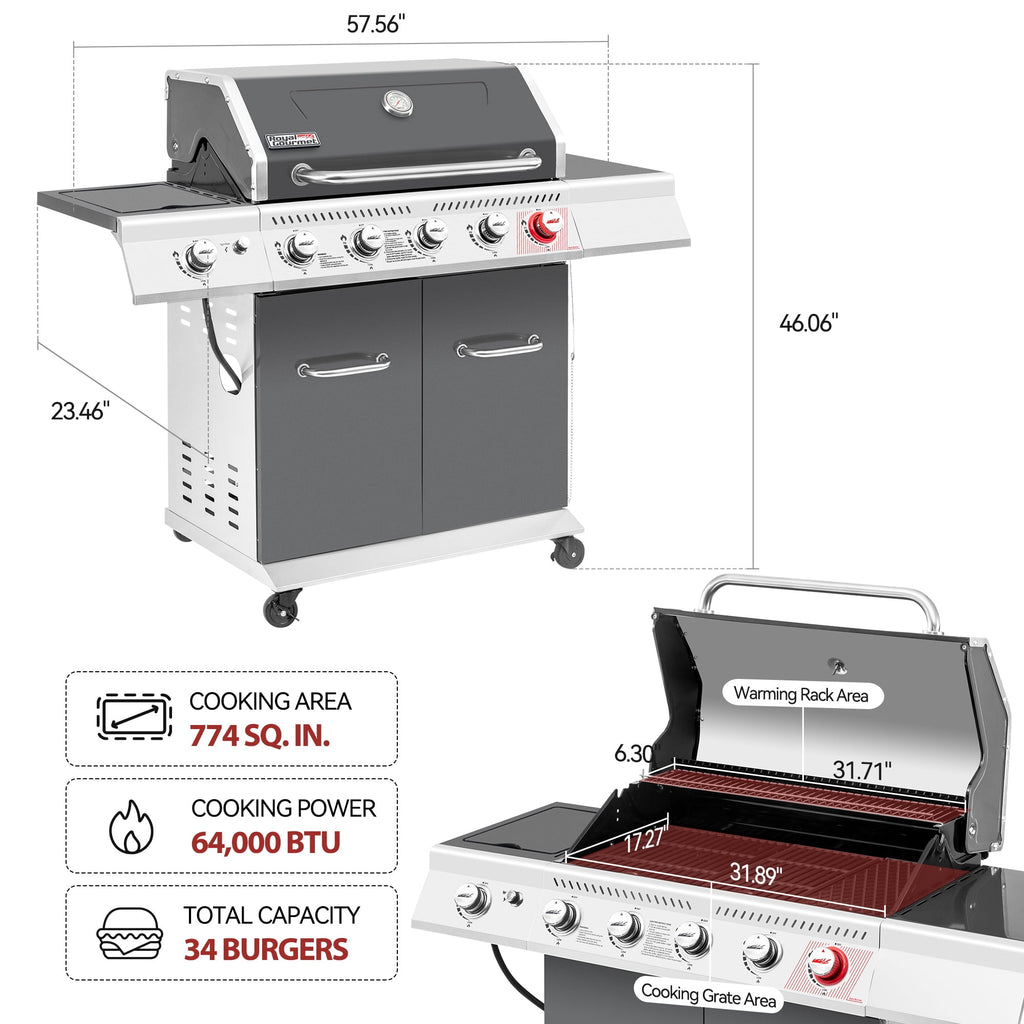 Royal Gourmet GA5404G Deluxe 5-Burner Gas Grill with Sear Burner and Side Burner, 64,000 BTU Cabinet Style Gas Grill, Gray Royal Gourmet
