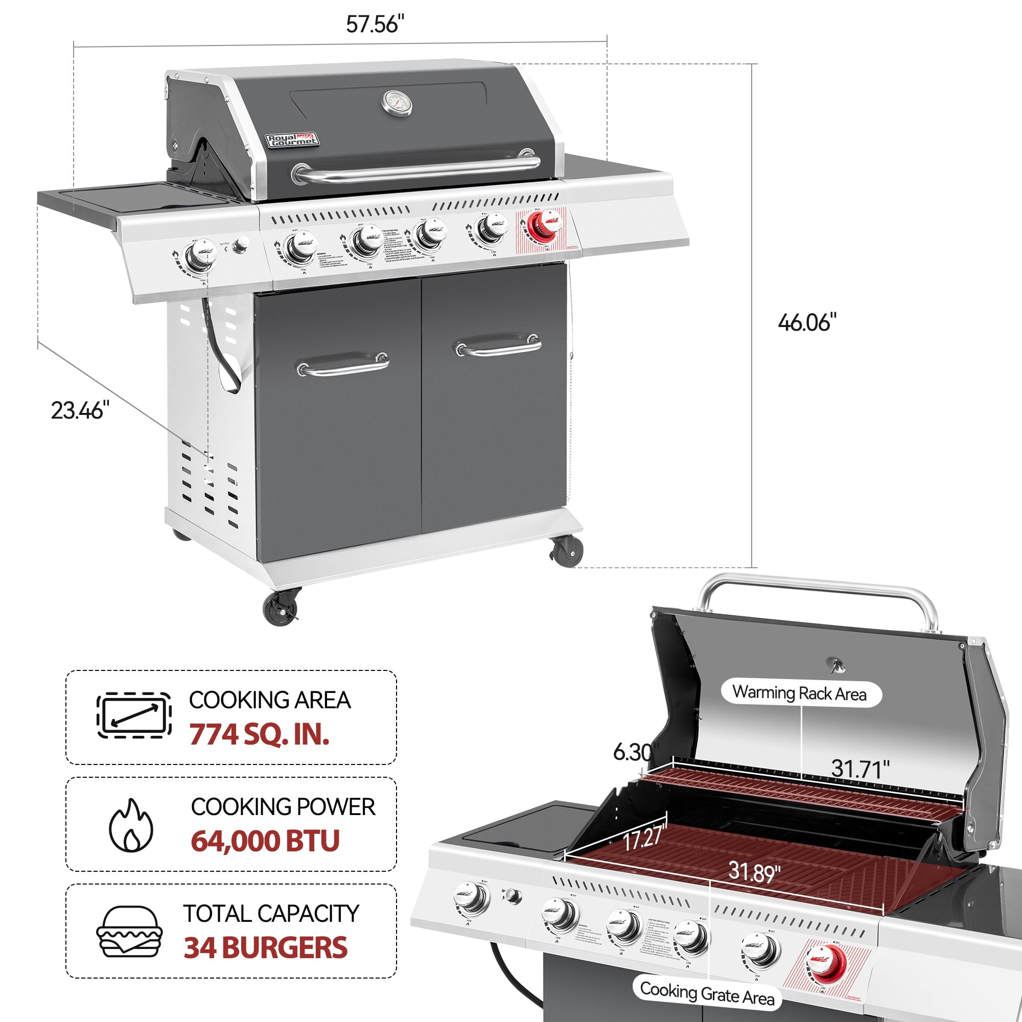 Royal Gourmet GA5404G Deluxe 5-Burner Gas Grill with Sear Burner and Side Burner, 64,000 BTU Cabinet Style Gas Grill, Gray Royal Gourmet
