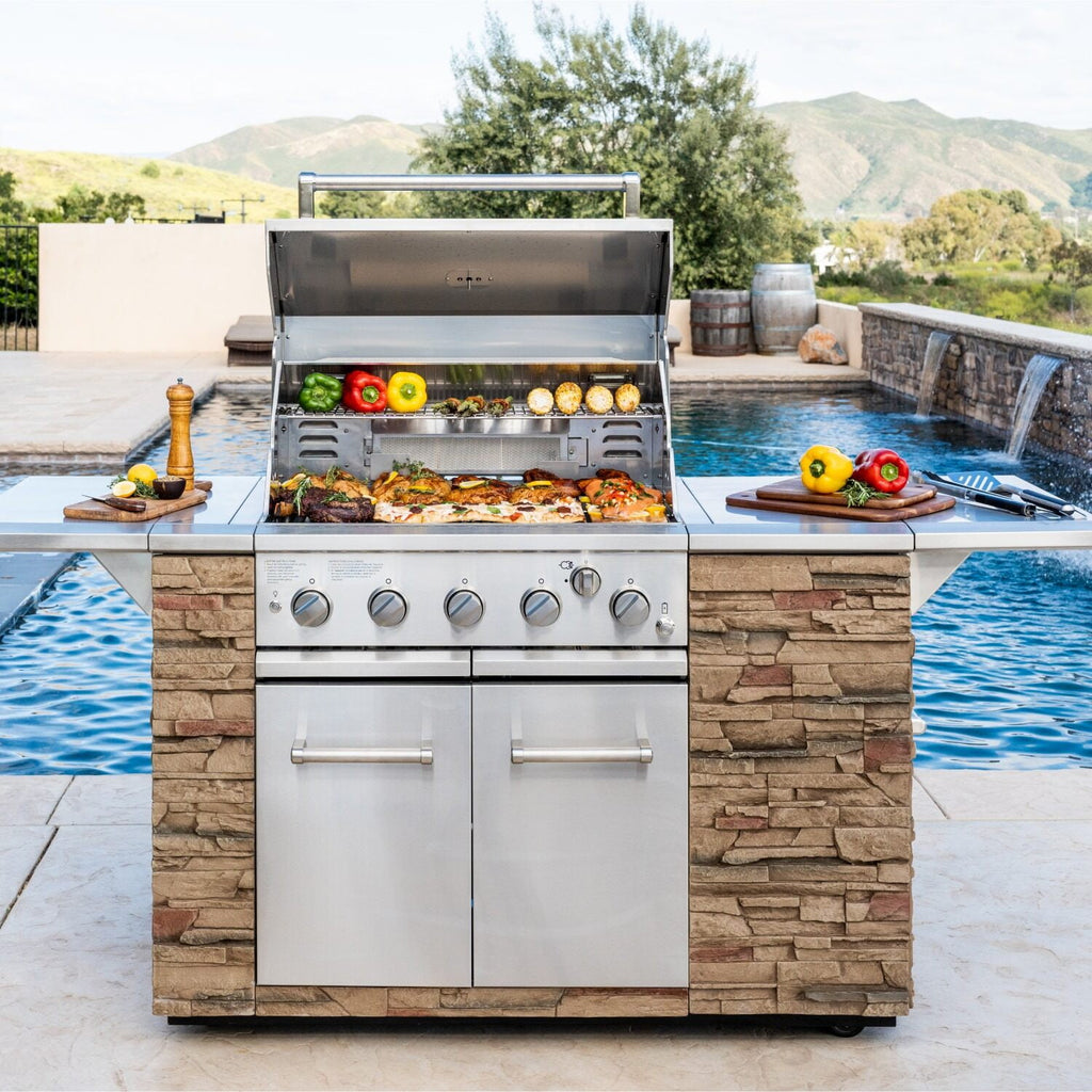 Spire 5-Burner Built-in Propane Gas Stone Island Grill w/Rear Burner, 63,000BTUs, 758 sq.in. Cooking Area, Convertible to Natural Gas, 2 Fixed Shelves, Pullout Trash Bin, 2 Halogen Light, 860-0032 Gas Grills