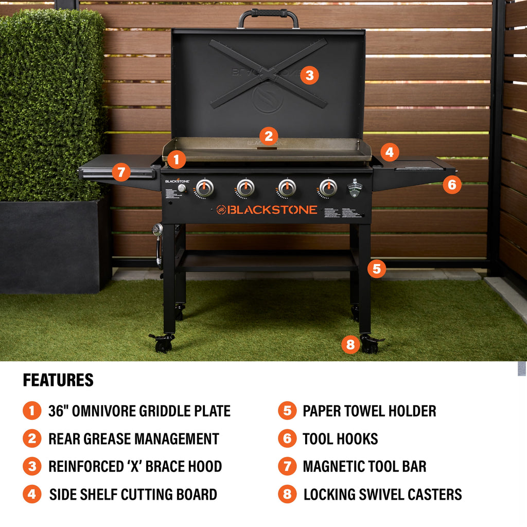 Blackstone Original Outdoor Griddle, 4-Burner 36 Propane Flat Top Grill with Hood, Black Blackstone