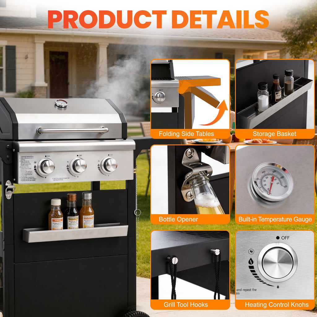 Segmart 3 Burner BBQ Propane Gas Grill, Stainless Steel 27,000 BTU Patio Garden Barbecue Grill with Side Tables, Hanging Basket & Thermometer, Perfect for Camping, Outdoor Cooking Gas Grills