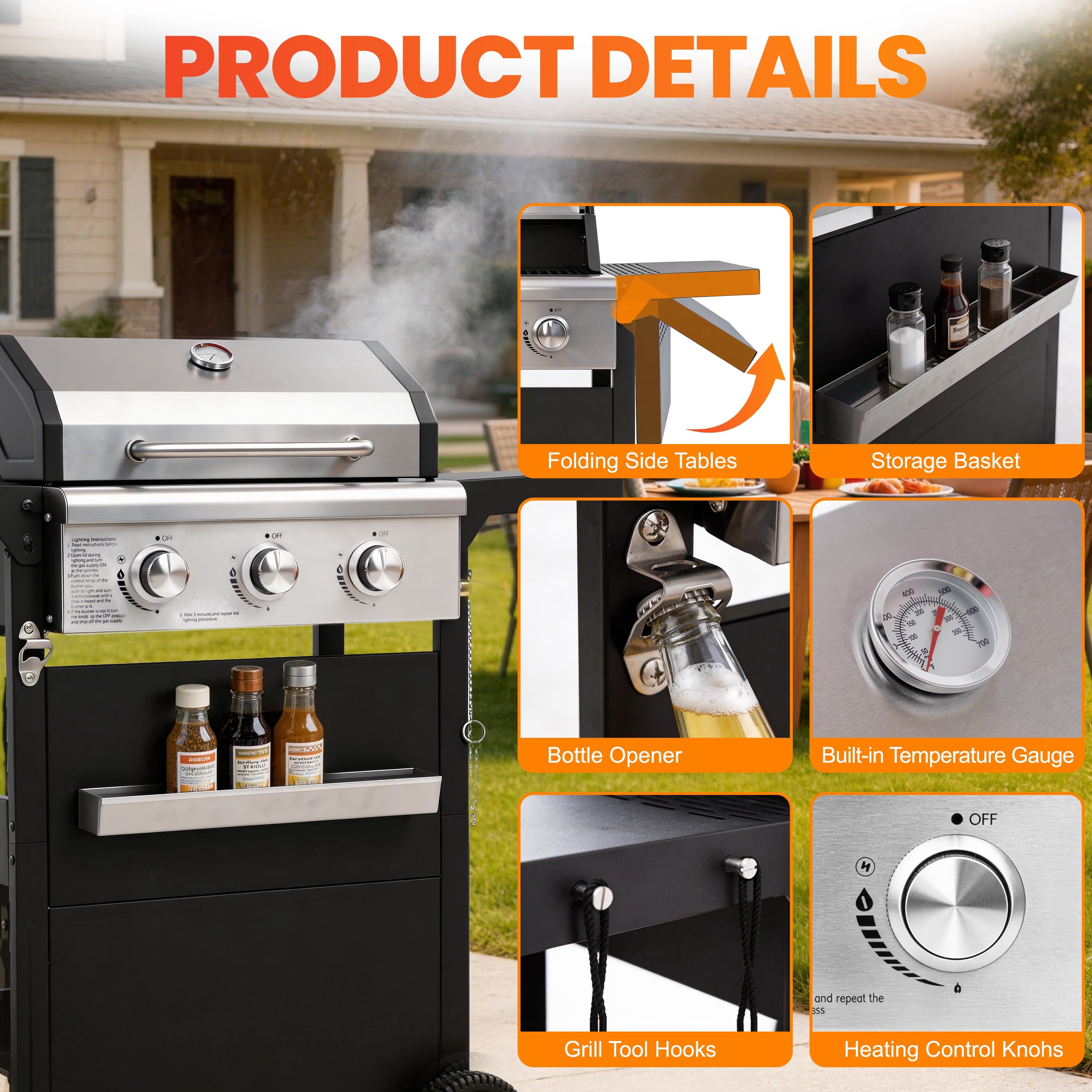 Segmart 3 Burner BBQ Propane Gas Grill, Stainless Steel 27,000 BTU Patio Garden Barbecue Grill with Side Tables, Hanging Basket & Thermometer, Perfect for Camping, Outdoor Cooking Gas Grills