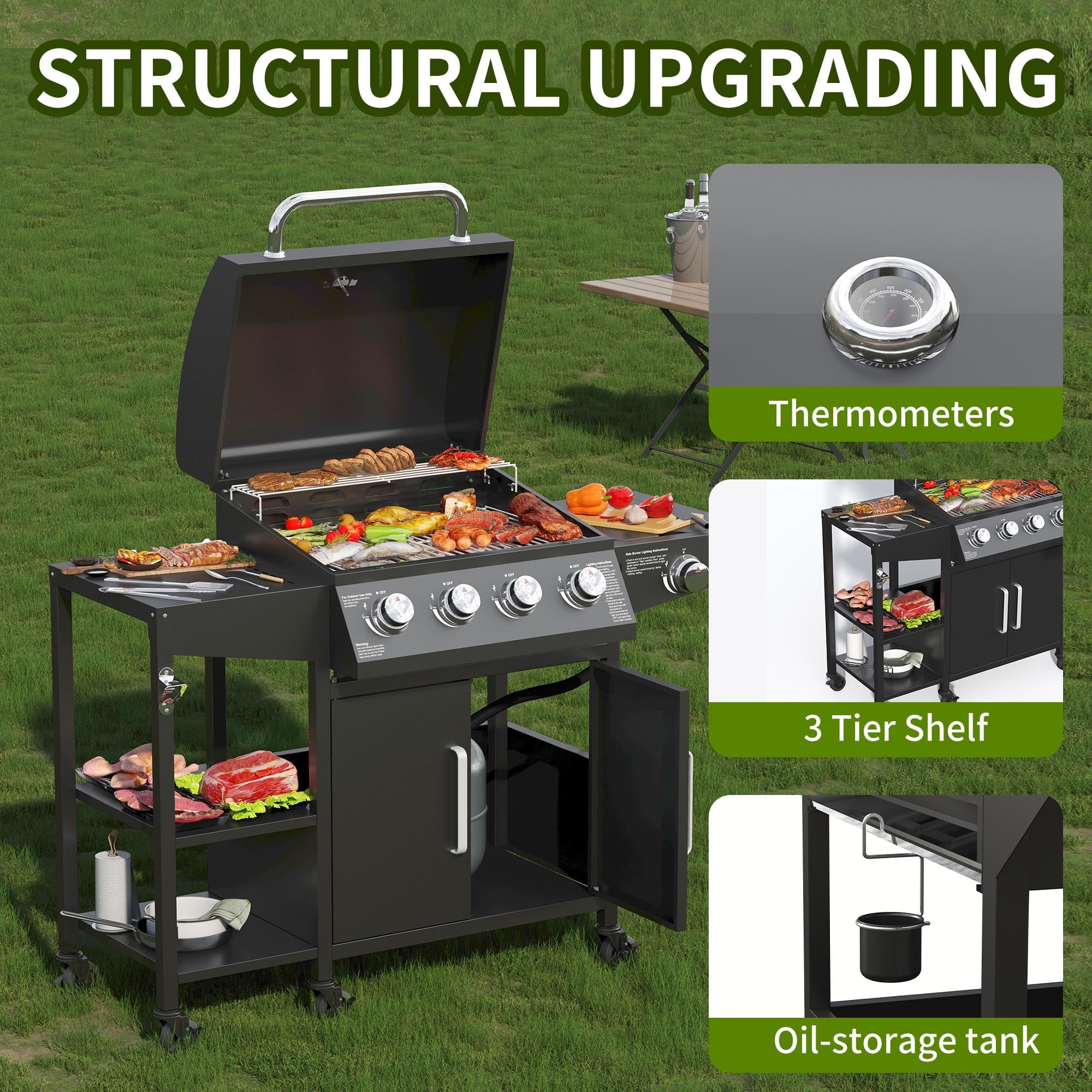 4 Burner Propane Gas Grill with 3 Tier Shelf, 50000 BTU Outdoor Cooking Stainless Steel BBQ Grills Cabinet,Can be Placed Smoke Box，Black Tcisa