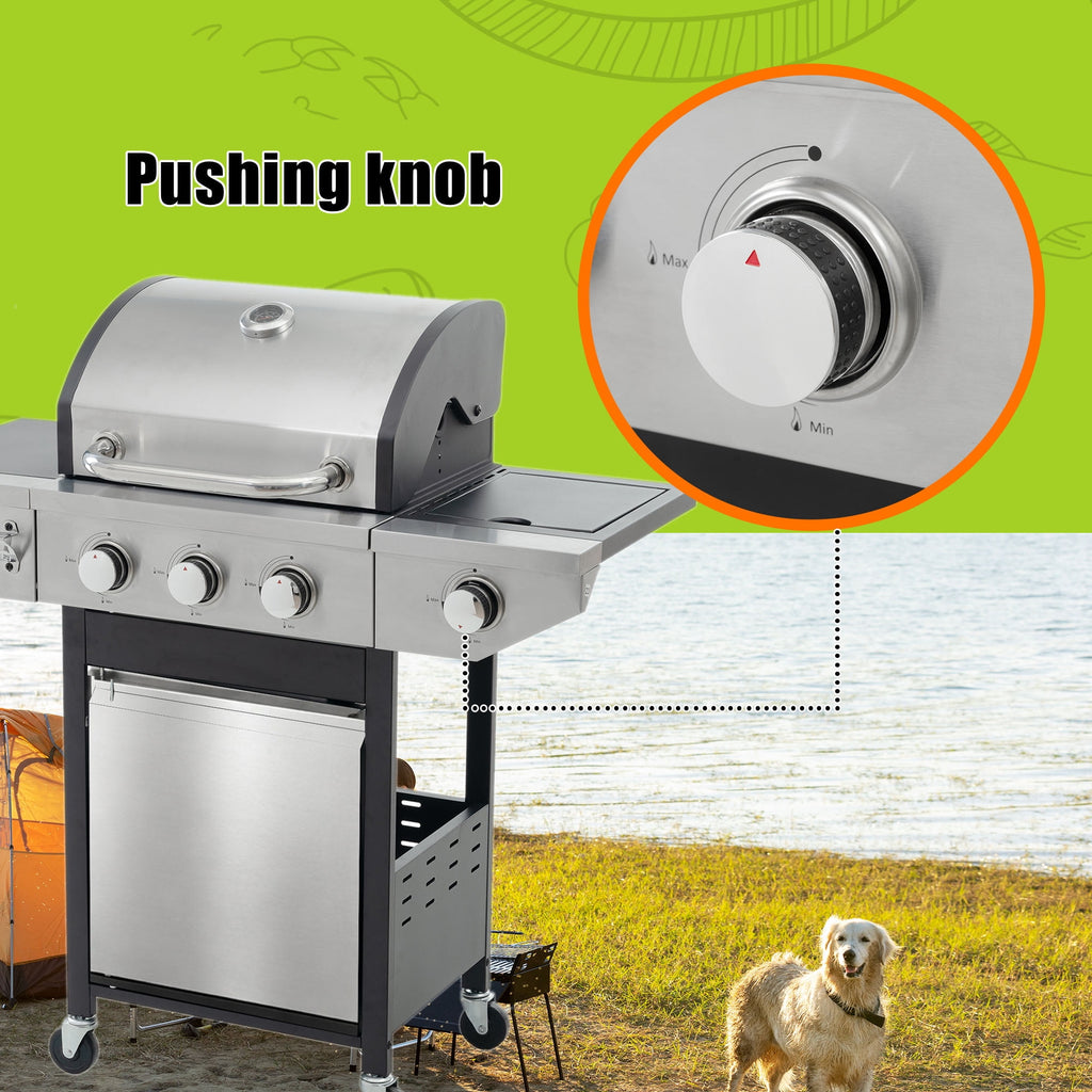 Holaki 3-Burner Propane Gas Grill with Side Burner, Stainless Steel, 37,000 BTU, Thermometer, Outdoor Bbq Grill Gas Grills