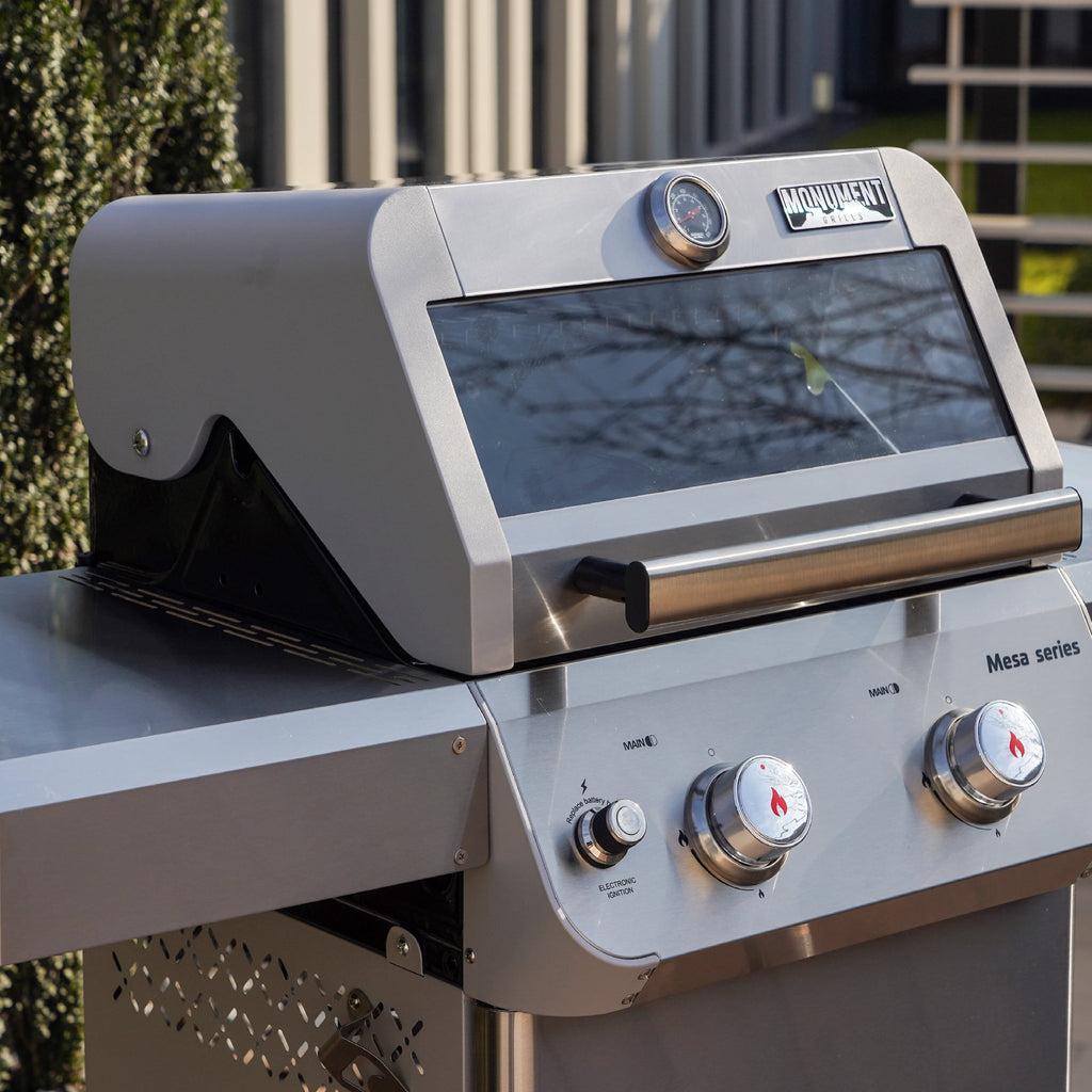 Monument Grills Mesa 2-Burner Propane Gas Grill, Foldable Sides, Swivel Casters, Stainless Steel, LED Controls Gas Grills