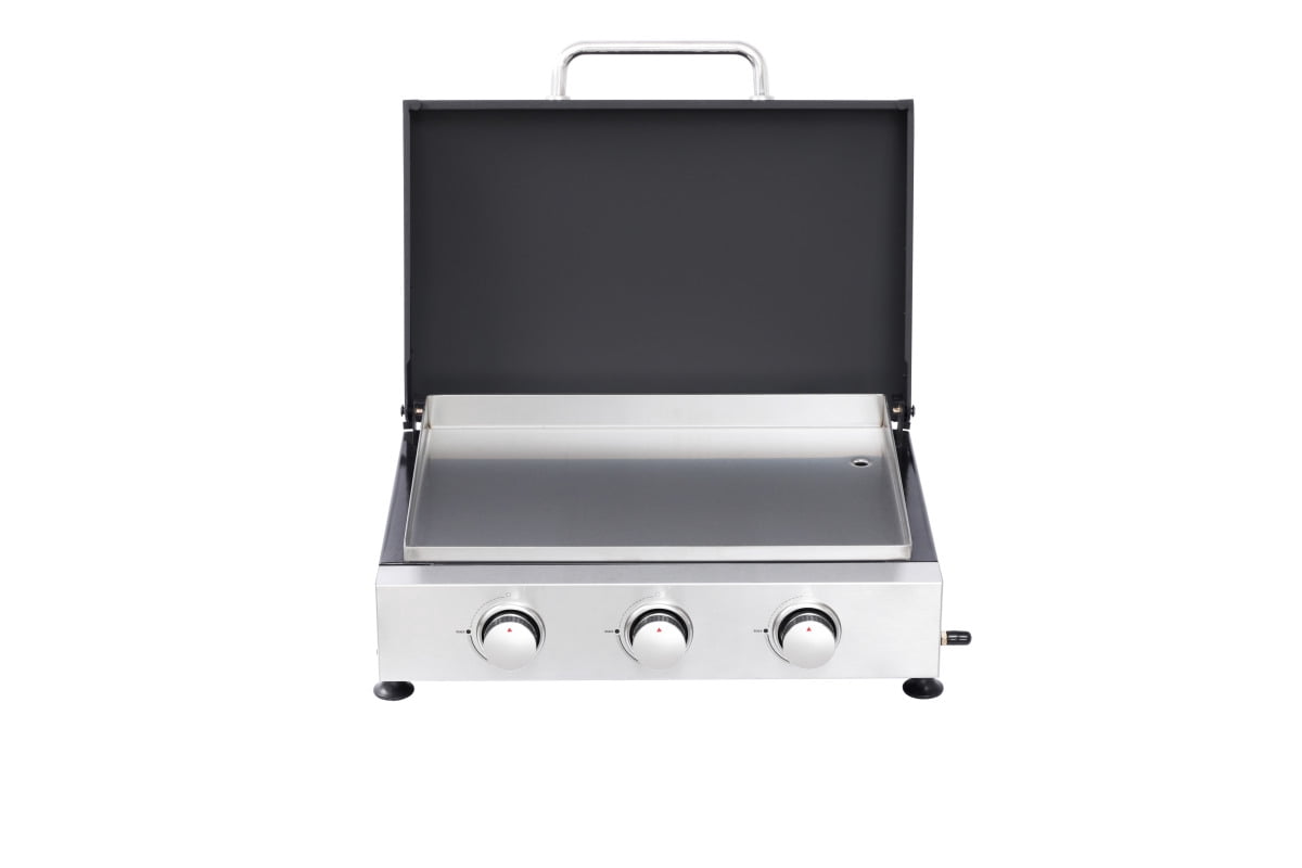 3 Burner Gas Grill - 28,650 BTU High-Powered, Stainless Steel with High-Temperature Enamel Coating, Multi-Function Teppanyaki & Grill, Cast Iron Grates, Pull-Out Oil Pan with Cups, Safe Ignition GORTES