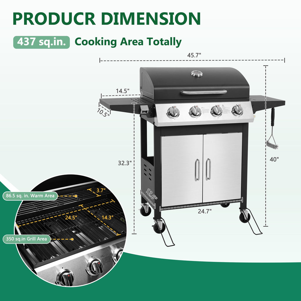 4-Burner Gas Grill with 4 Universal Wheels & Bottle Opener, 40000BTU Outdoor Grill with Side Table for Camping, Black & Sliver Gas Grills