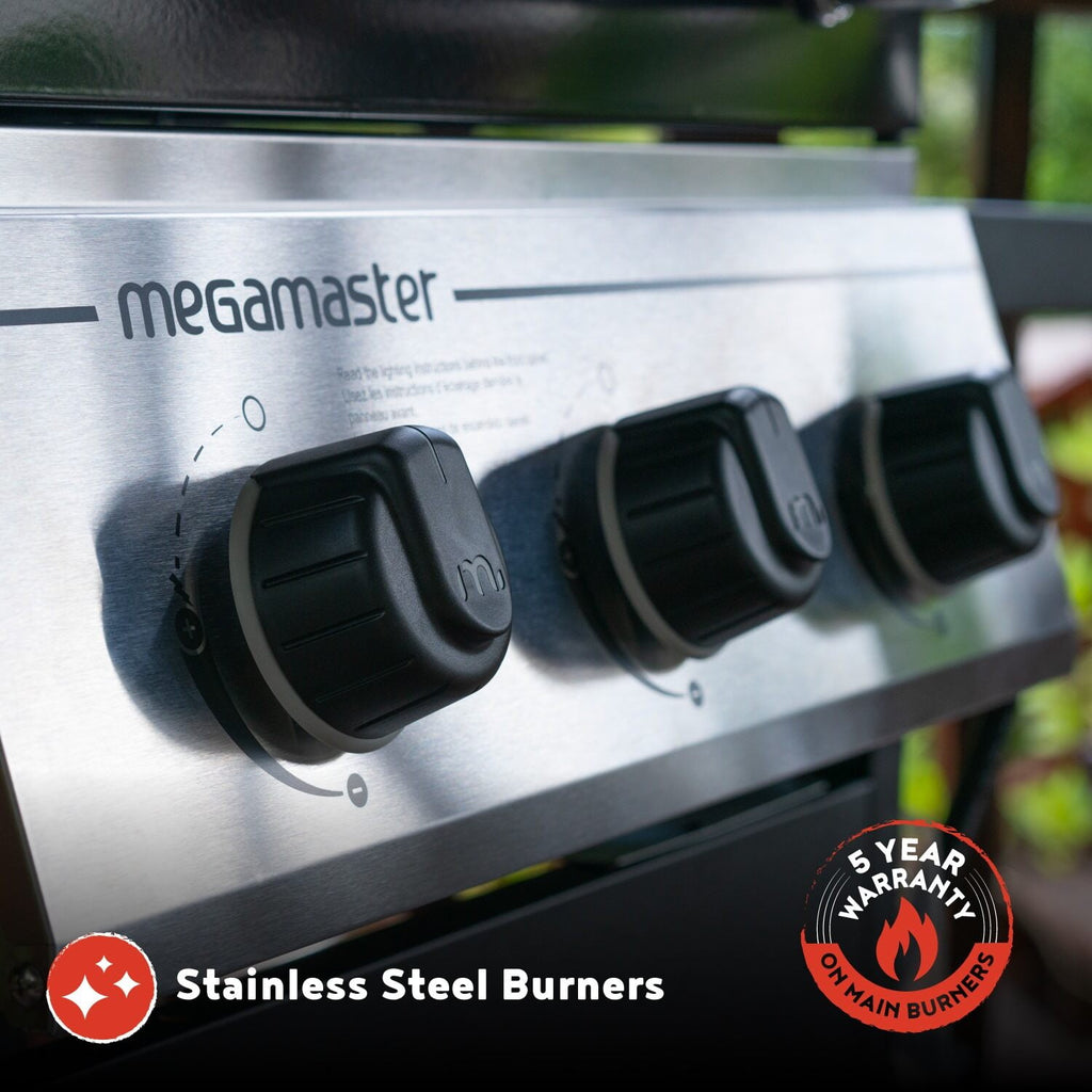 Megamaster 3-Burner Propane Gas Grill with Folding Side Tables, 30,000BTUs, 429.81 sq. in. Cooking Space, Stainless Steel Control Panel, Outdoor Kitchen Grill for BBQs, Patios, and More - 720-0988EA Megamaster