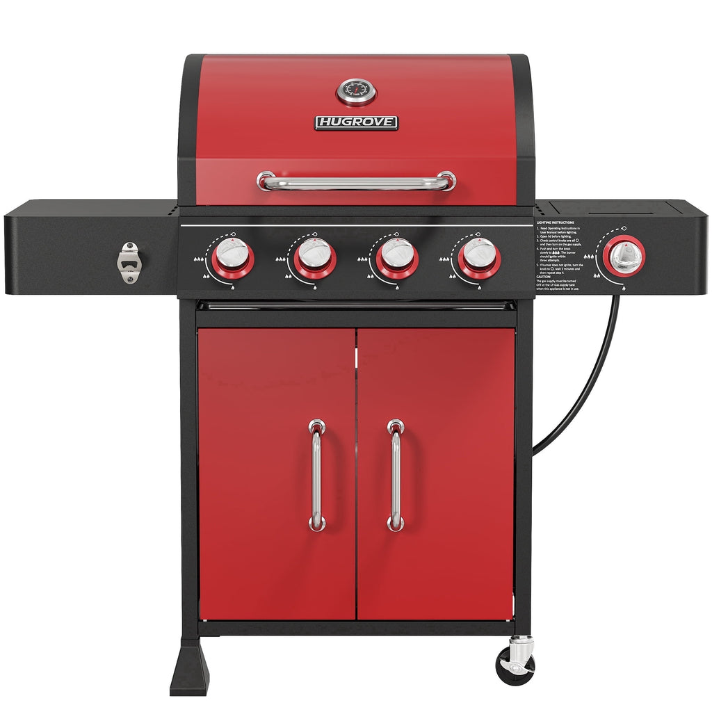 4-Burner Gas Grill with Side Burner, 51,000 BTU, HUGROVE  BBQ Grill with Porcelain-Enameled Lid,Cast Iron Grates, Propane Grills Outdoor Cooking, Red Gas Grills