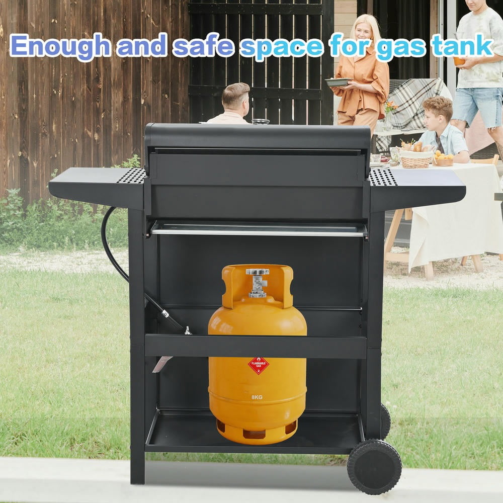 Kadyn Garden Grill with Two Shelves, Lid, Wheels and Bottle Opener, Patio Backyard Barbecue Grill with 4 Burner and Stainless Steel 34,000 BTU, Black Kadyne