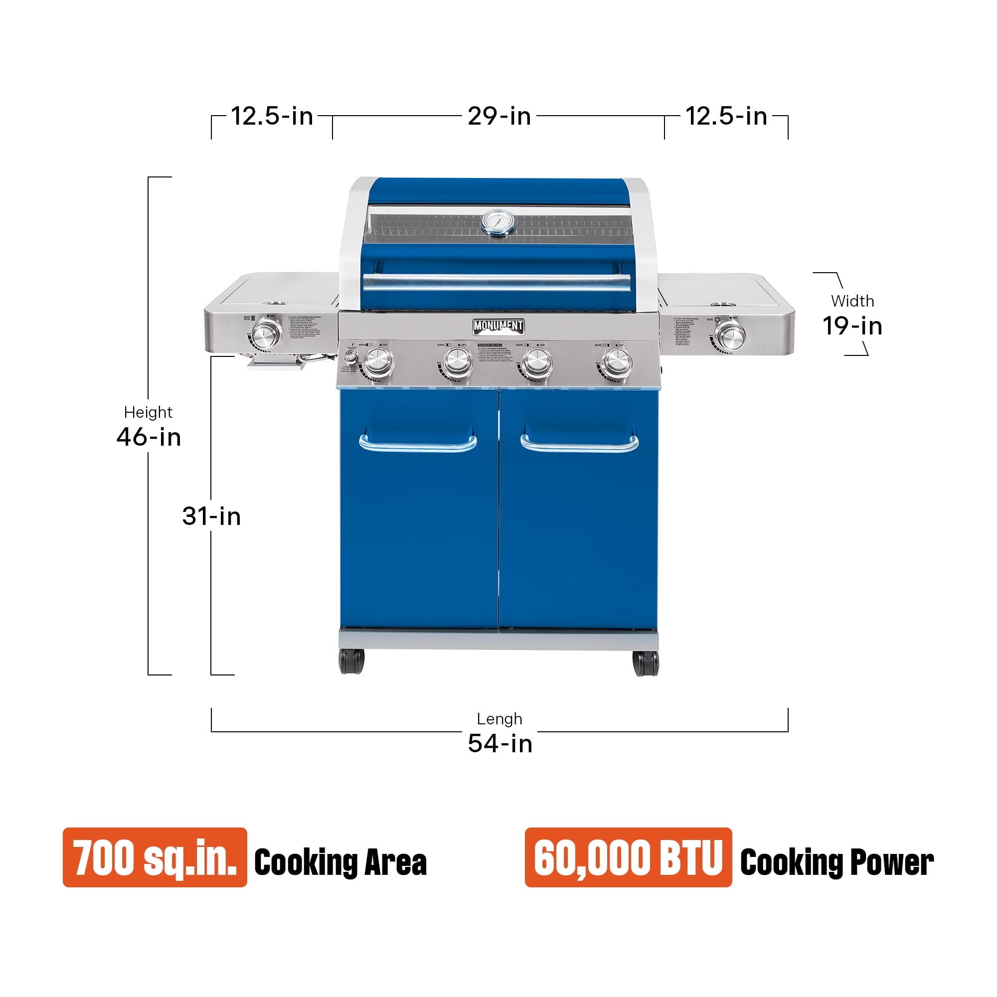 Monument Grills Stainless Steel 4 Burner Propane Gas Grill with Clearview? Lid, Infrared Side Sear Burner & Side Burner Gas Grills