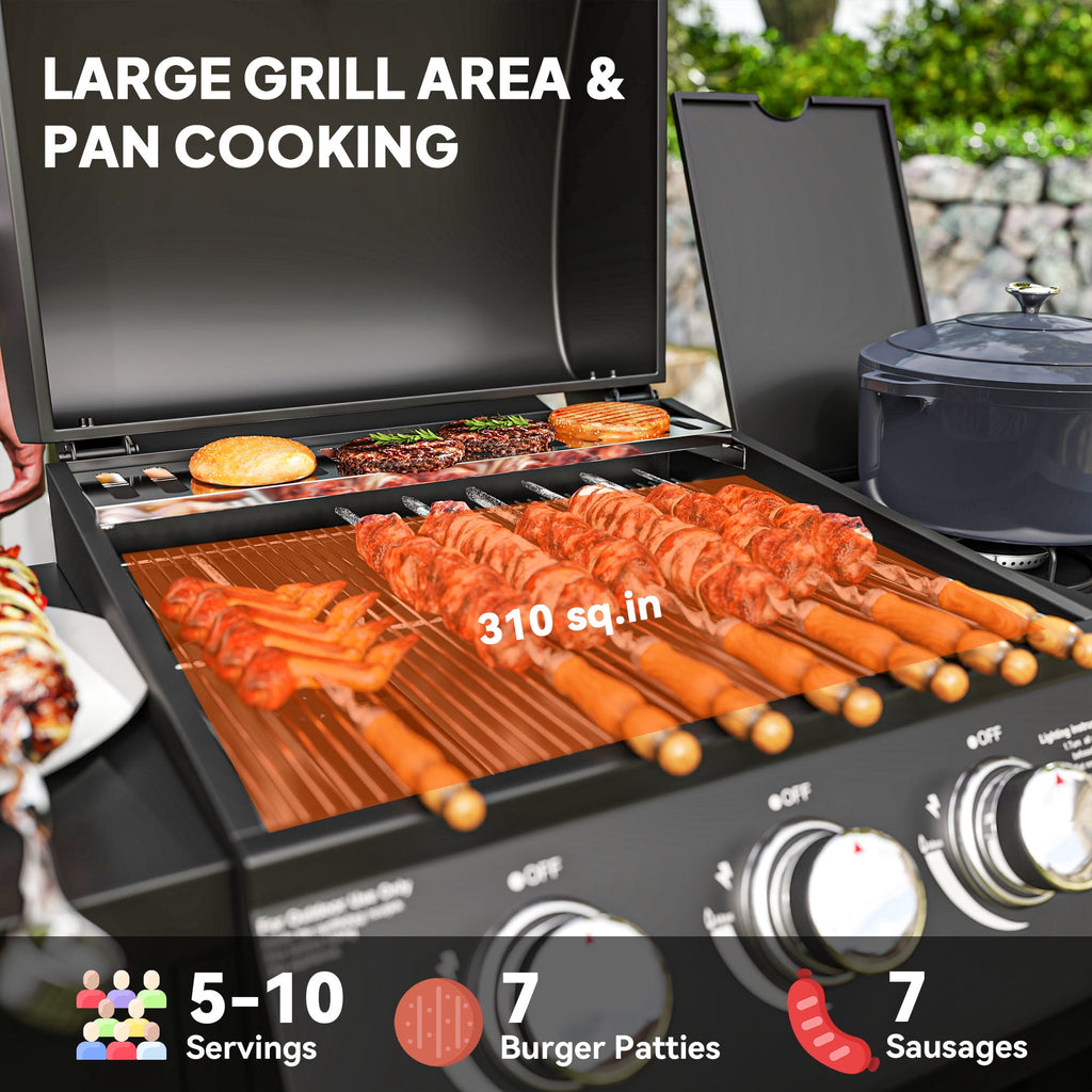 Outsunny 3 Burner Gas Grill with Side Burner, 9.5 KW Output, 310 Sq. in. Cooking Area, Cabinet Style Propane BBQ Grill with Shelves, Black Outsunny