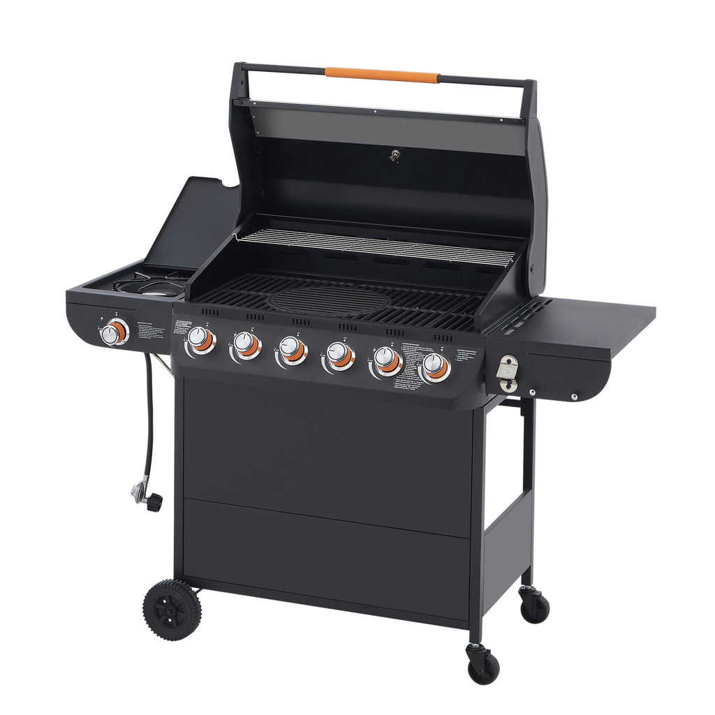Noble House Professional 6-Burner Propane Gas Grill with Side Burner, Steel BBQ Grill with Cast Metal Grates, Black Noble House