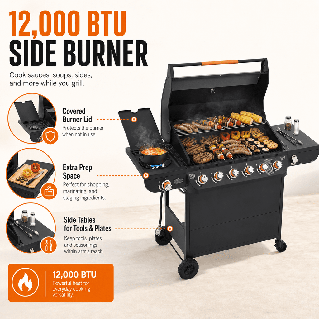 Seizeen 72,000 BTU Powerful Gas Grill, 6-Burner Propane BBQ Grill with Side Burner, w/Cast Iron Grates, Warming Rack, Thermometer Seizeen