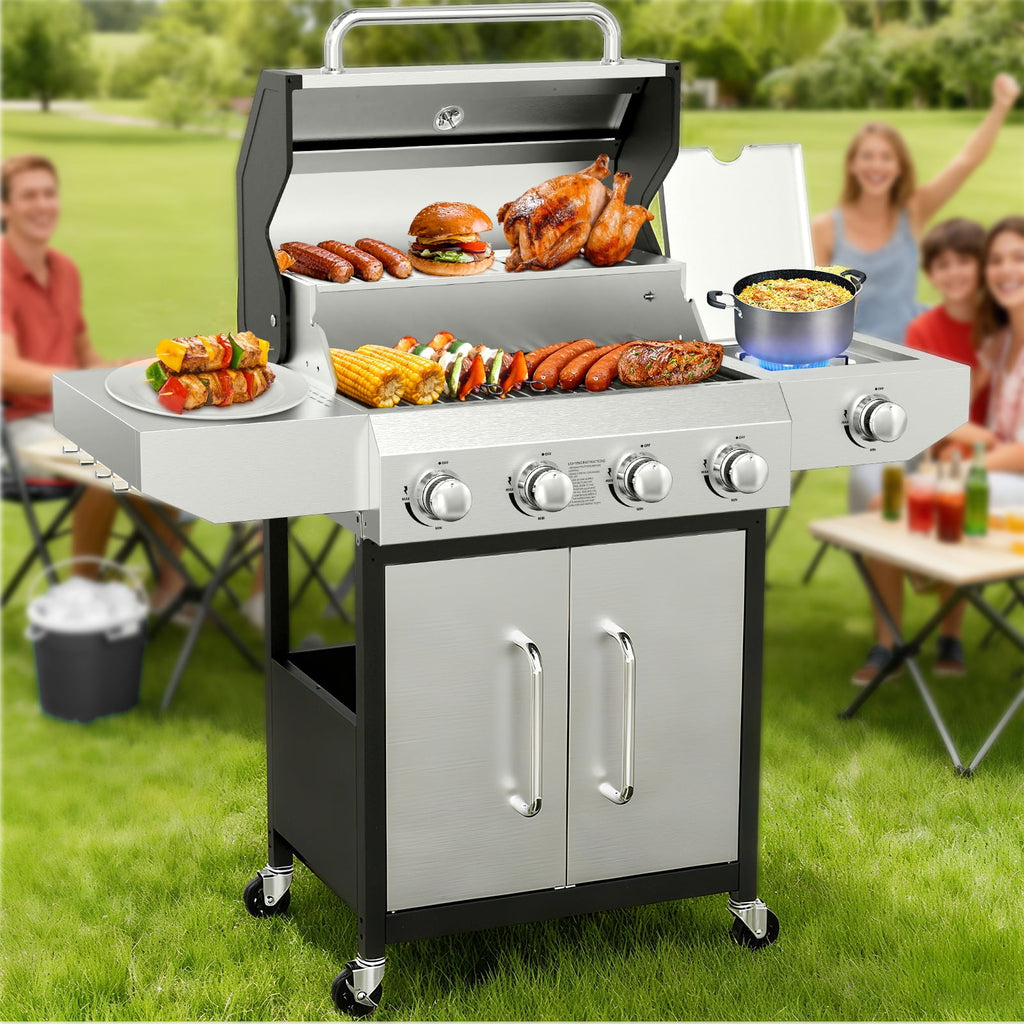 Frizi 4-Burner Gas Grill with Side Burner, 60,000 BTU Stainless Steel Propane Grill, Outdoor BBQ Flat Top Grill with Wheels and Side Shelves for Patio or Camping Gas Grills