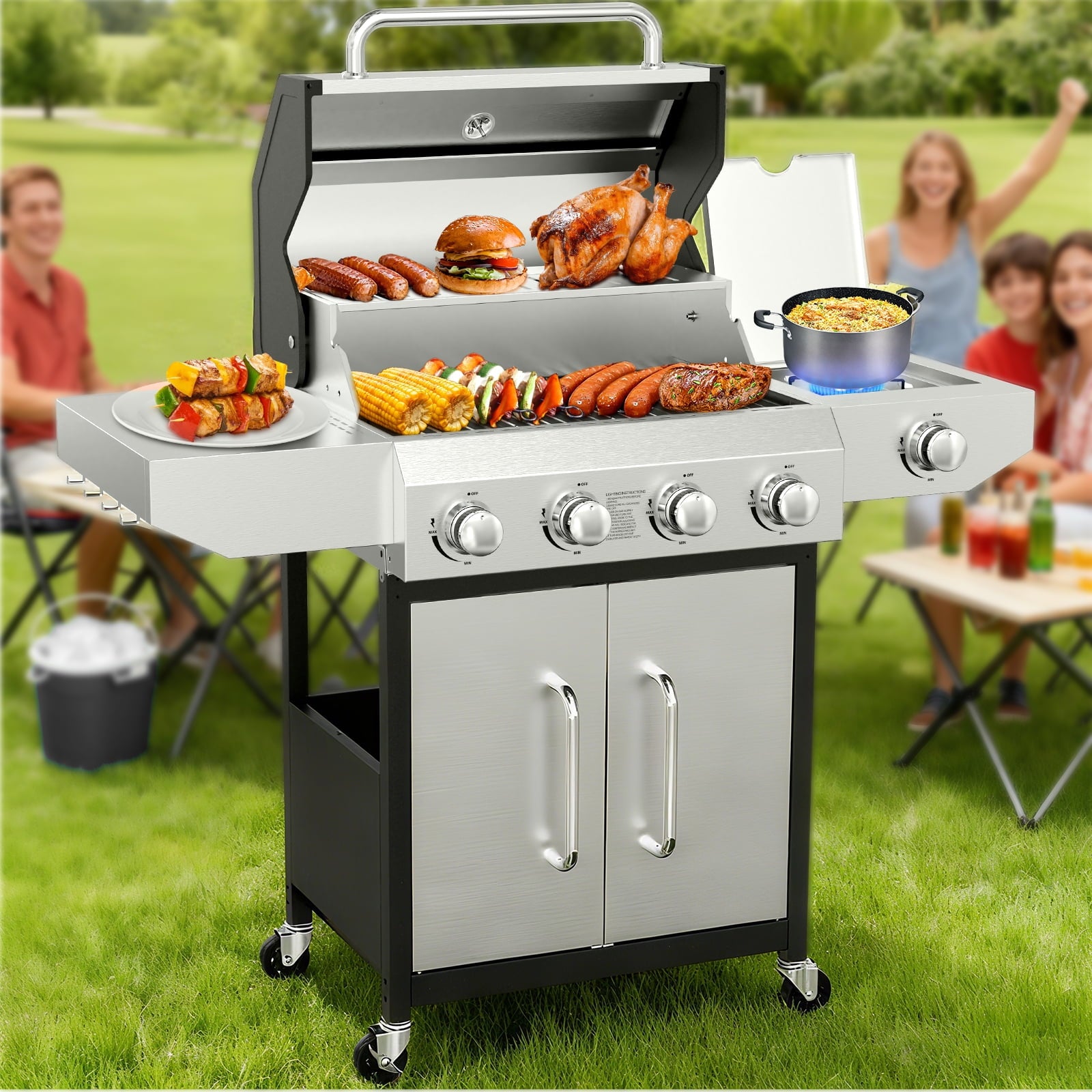 Frizi 4-Burner Gas Grill with Side Burner, 60,000 BTU Stainless Steel Propane Grill, Outdoor BBQ Flat Top Grill with Wheels and Side Shelves for Patio or Camping Gas Grills