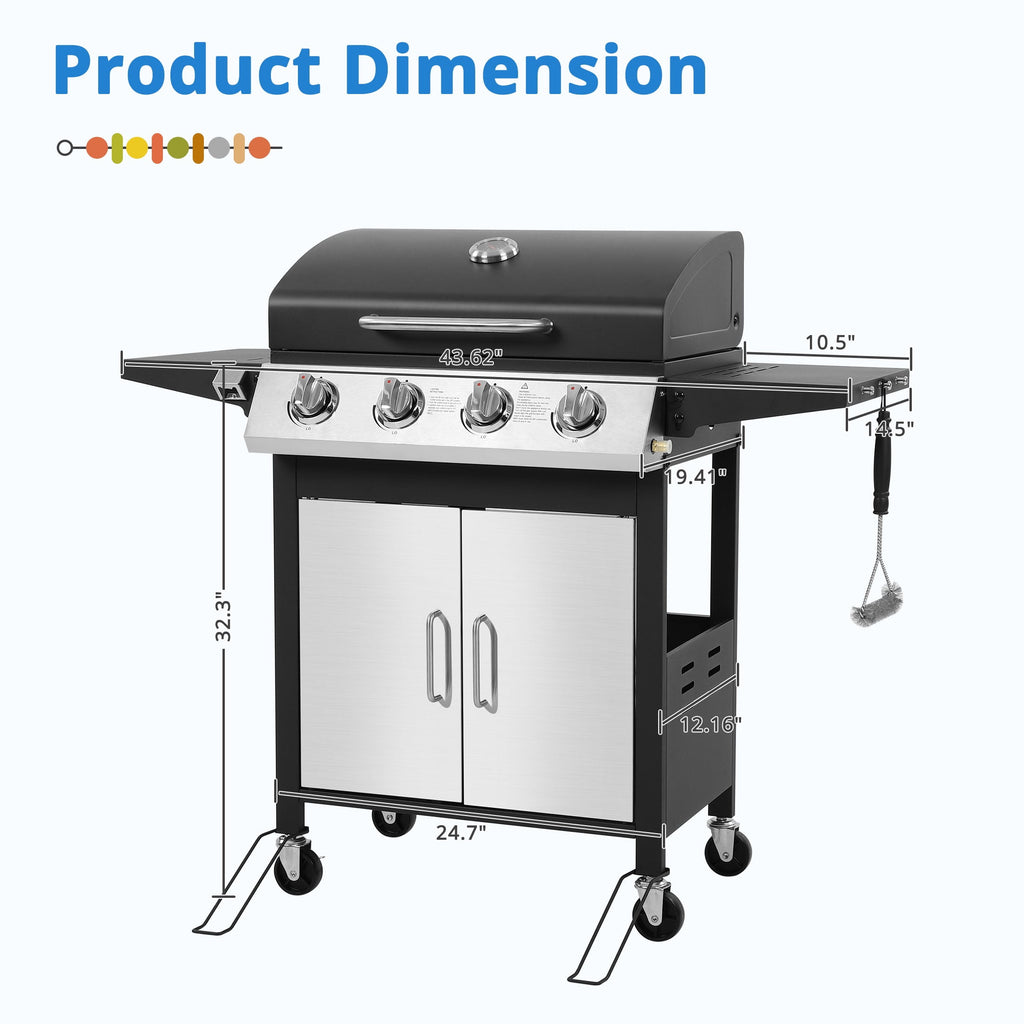 SEGMART 4 Burner BBQ Propane Gas Grill, Stainless Steel 40,000 BTU Patio Garden Barbecue Grill with Side Tables, Cleaning Brush & Thermometer, Perfect for Camping, Outdoor Cooking Gas Grills