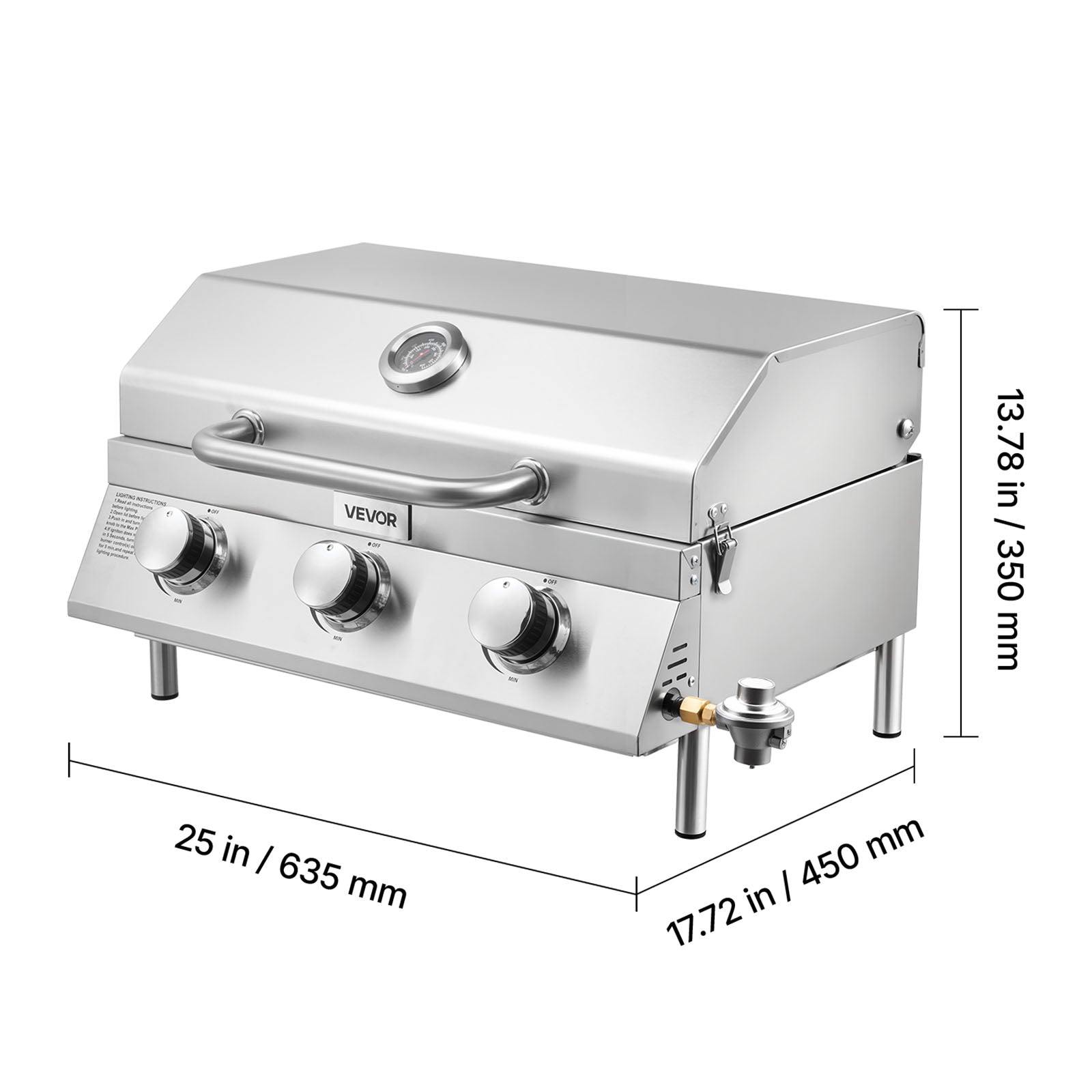 VEVOR Tabletop Gas Grill, 3-Burner Stainless Steel Portable Propane Grill, with Built-in Thermometer, Travel Locks, Weatherproof Lid, 22,500 BTU Total, for Outdoor Cooking,Patio,Party,Camping,RV VEVOR