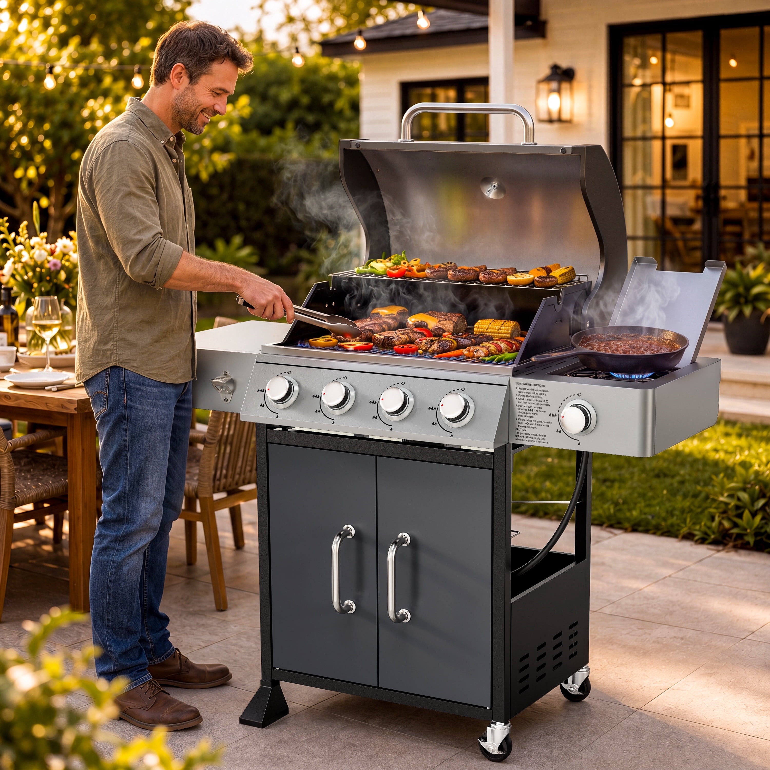 4-Burner Gas Grill with Side Burner, 51,000 BTU Propane BBQ Grill with Porcelain-Enameled Cast Iron Grates, Built-in Thermometer, Ideal for Patio Camping Outdoor Cooking Gas Grills