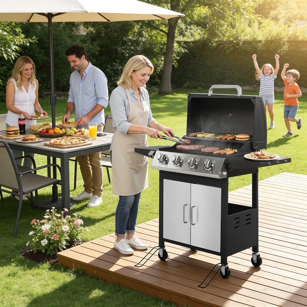 SEGMART 4 Burner BBQ Propane Gas Grill, Stainless Steel 40,000 BTU Patio Garden Barbecue Grill with Side Tables, Cleaning Brush & Thermometer, Perfect for Camping, Outdoor Cooking Gas Grills