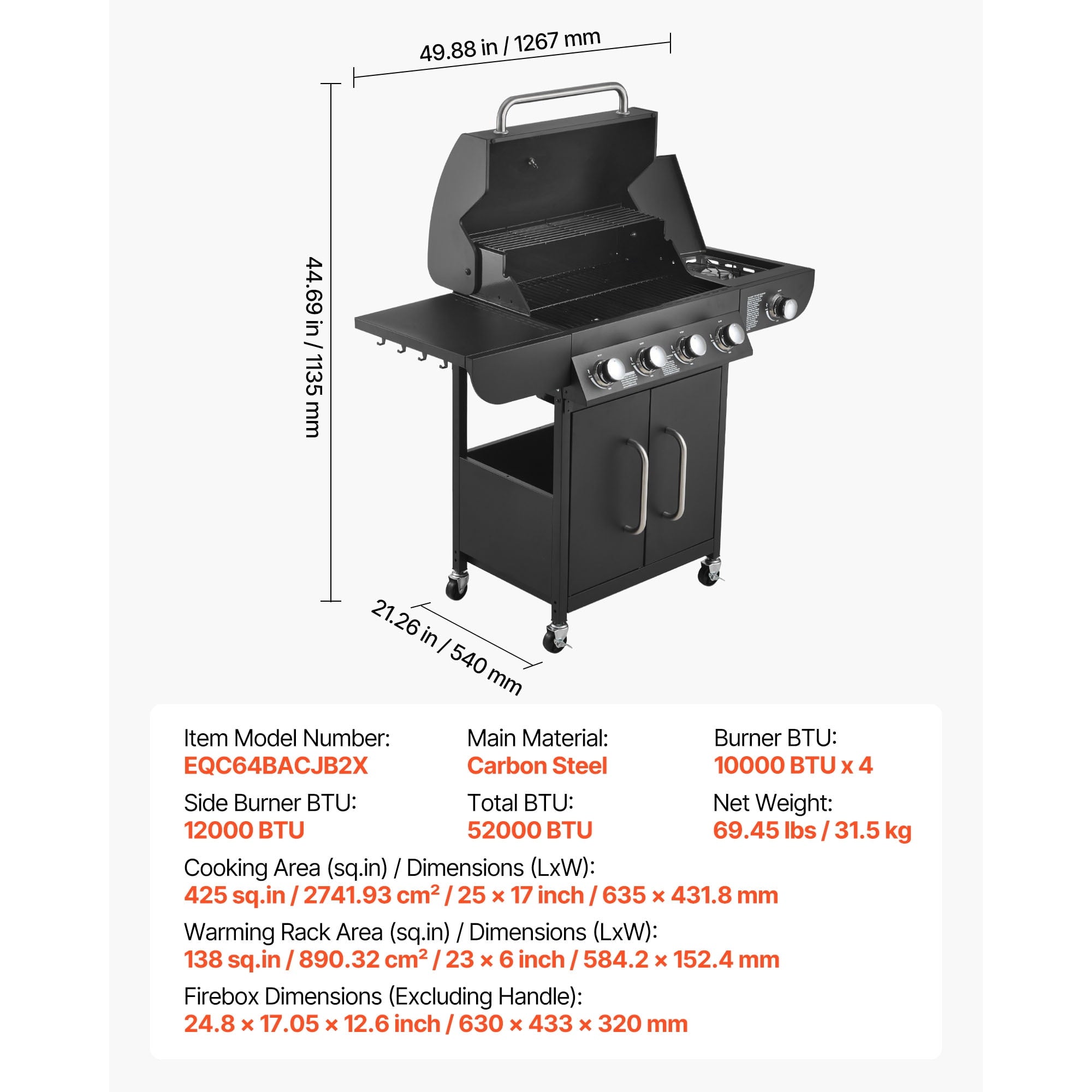 KFFKFF 4-Burner Propane Gas Grill with Side Burner, 425 SQ.In Cooking Surface, Carbon Steel Enamel Grates, Outdoor 52,000 BTU BBQ Grill with Dual Side Shelves, Durable Carbon Steel Construction KFFKFF