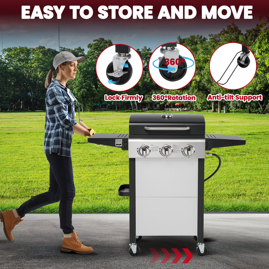Enyopro 3-Burner Propane Gas Grill, 30000 BTU BBQ Grill with Foldable Side Table, Stainless Steel Warming Rack, Hooks, and Built-In Bottle Opener for Outdoor Barbecue Gas Grills