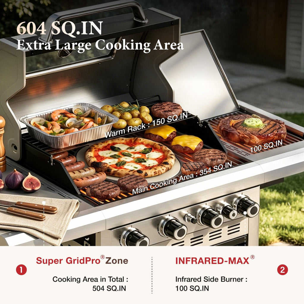 MF Studio 4 Burner Propane Gas Grill with 13500 BTU Infrared Side Burner – 604 sq.in Extra Large Cooking Area Outdoor BBQ Grill - Black Gas Grills